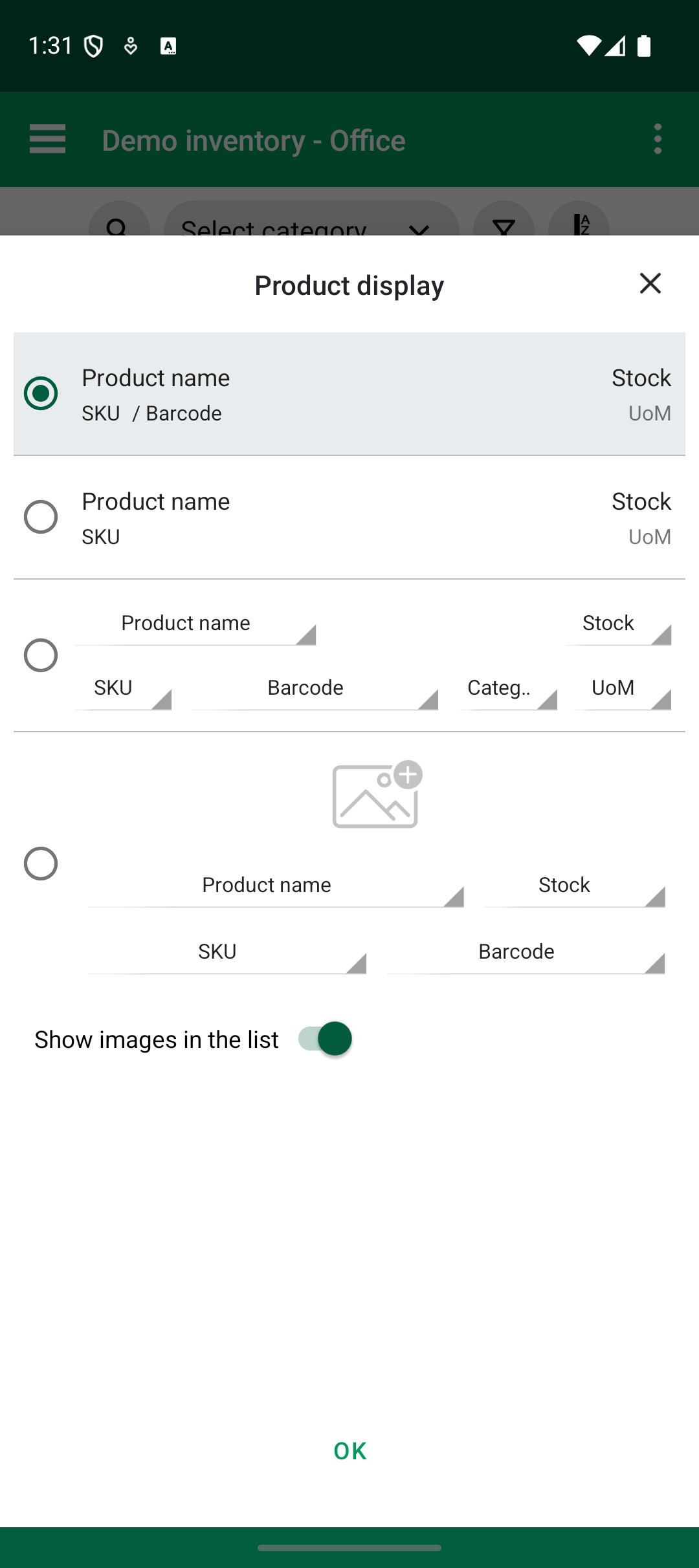 Android Product display sheet with display modes and the Show images in the list switch