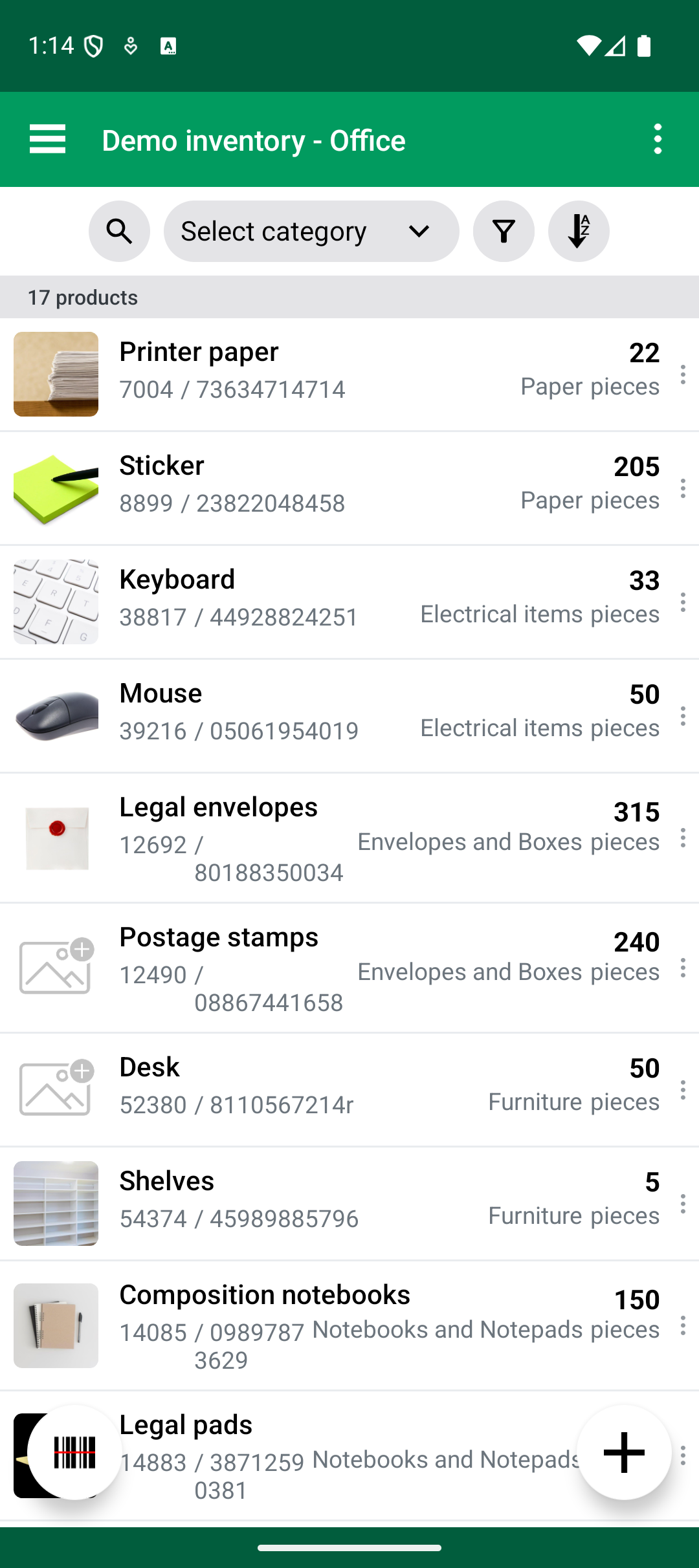 Android Product list in the default list layout with product images and field values