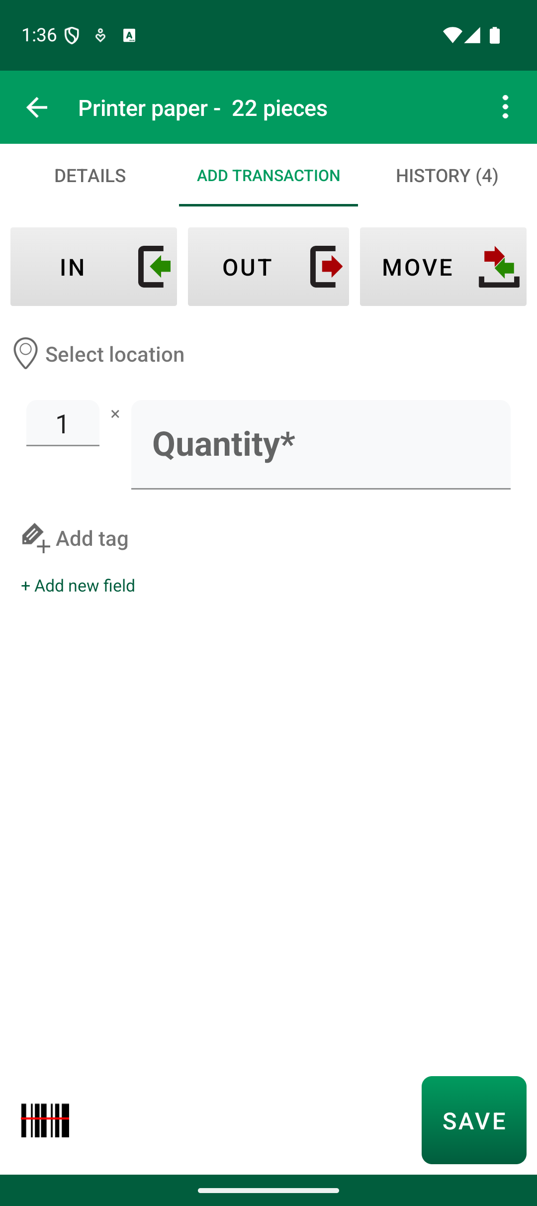 Android Add Transaction screen showing IN OUT and MOVE transaction type buttons with no favorite selected