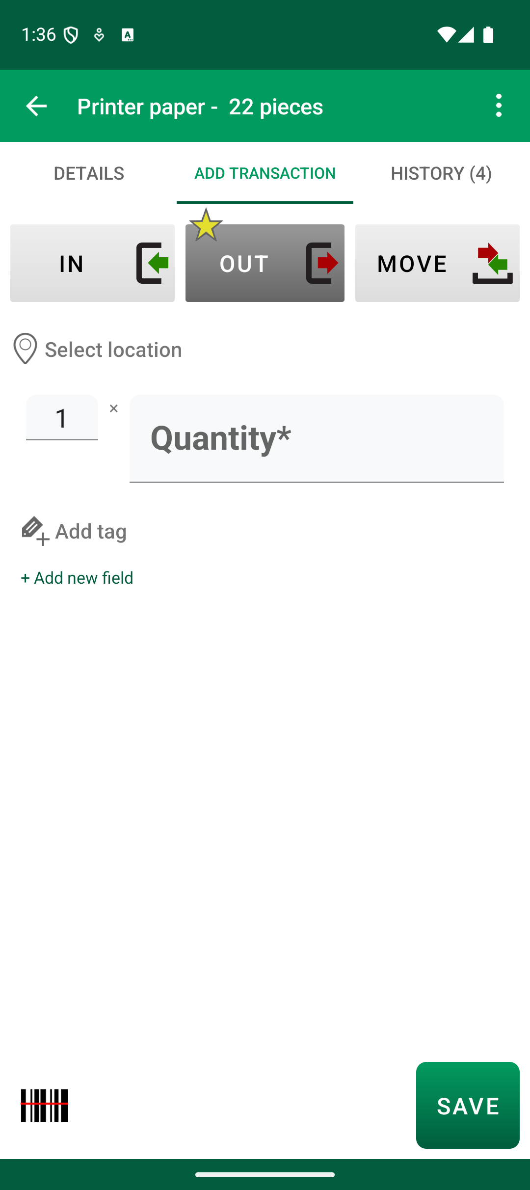 Android Add Transaction screen with OUT marked by a star as the favorite transaction type