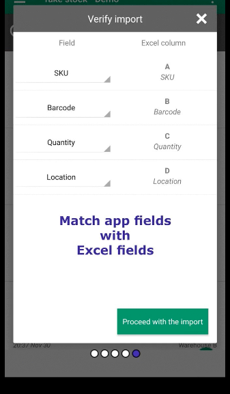 Verify import screen showing SKU, Barcode, Quantity, and Location mapping