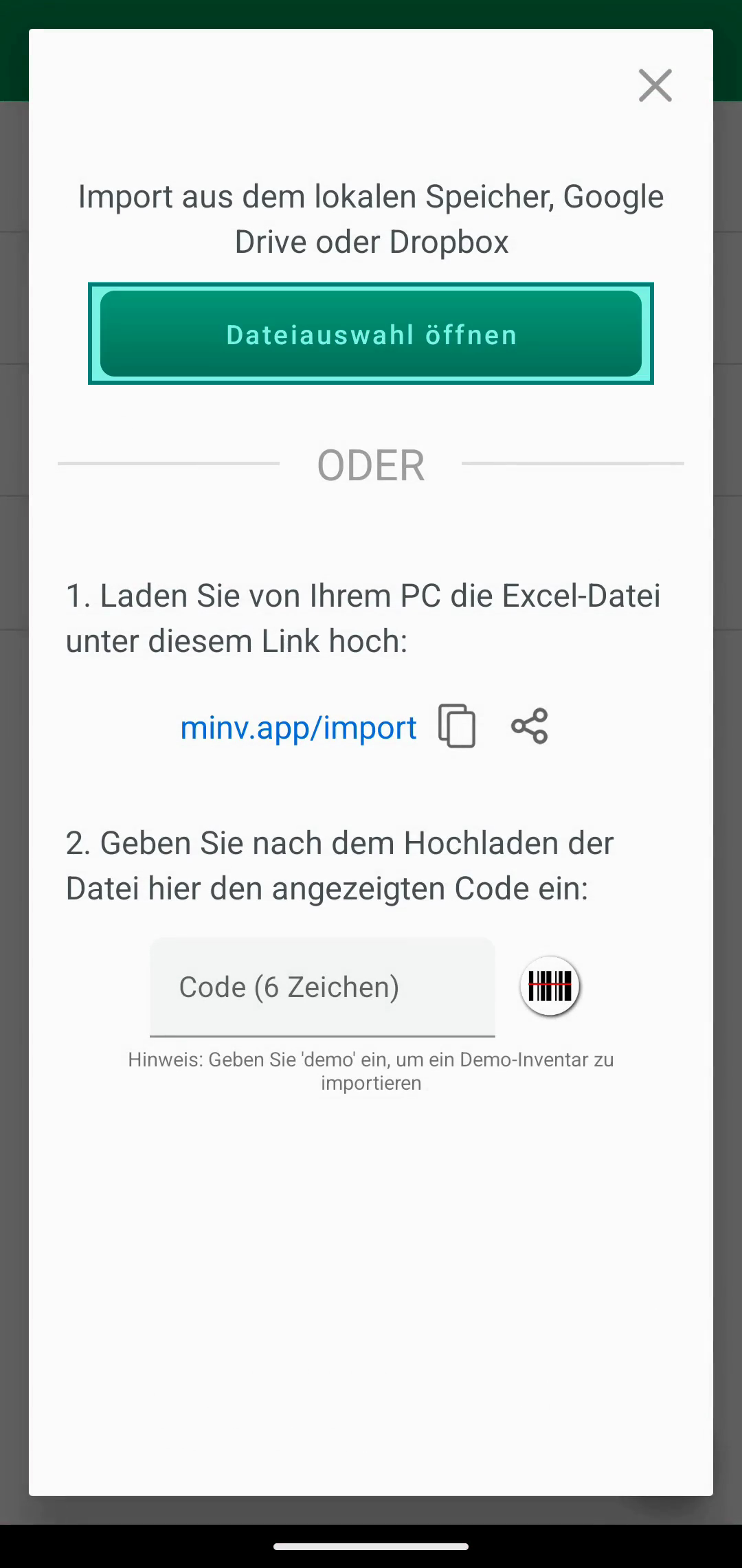 Importdialog mit der Schaltflaeche Open file chooser