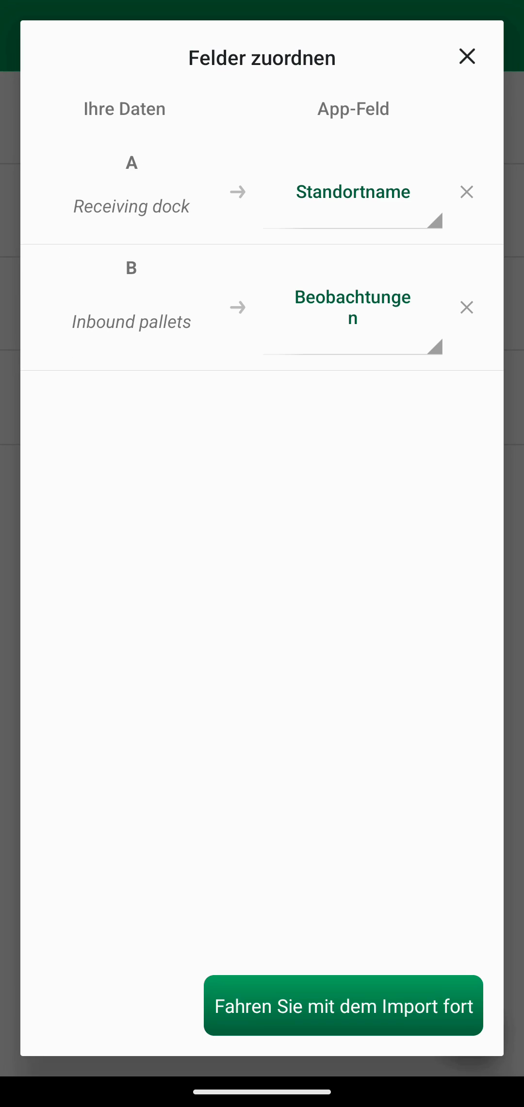 Felder zuordnen mit Zuordnung von Location name