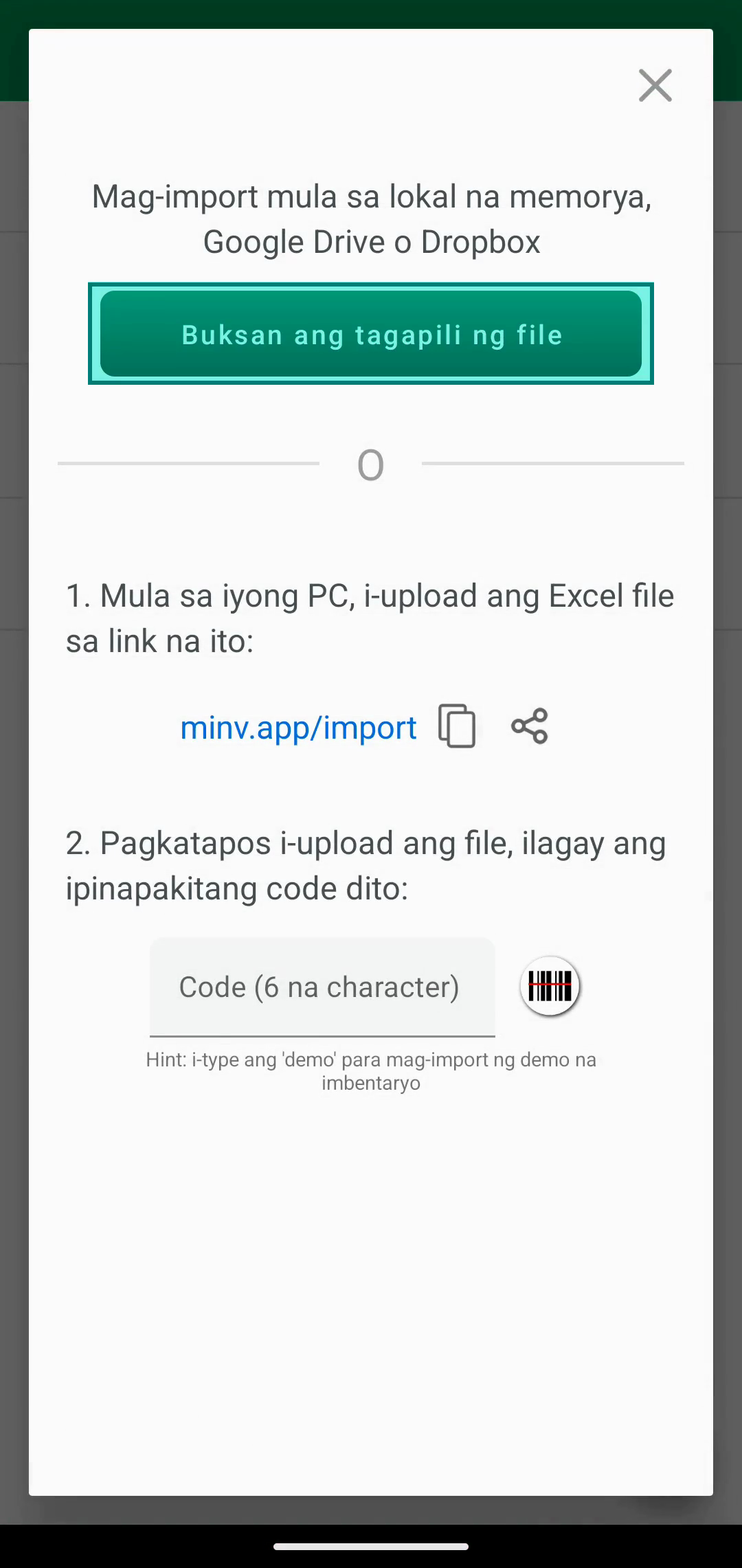 Import dialog na may Open file chooser button
