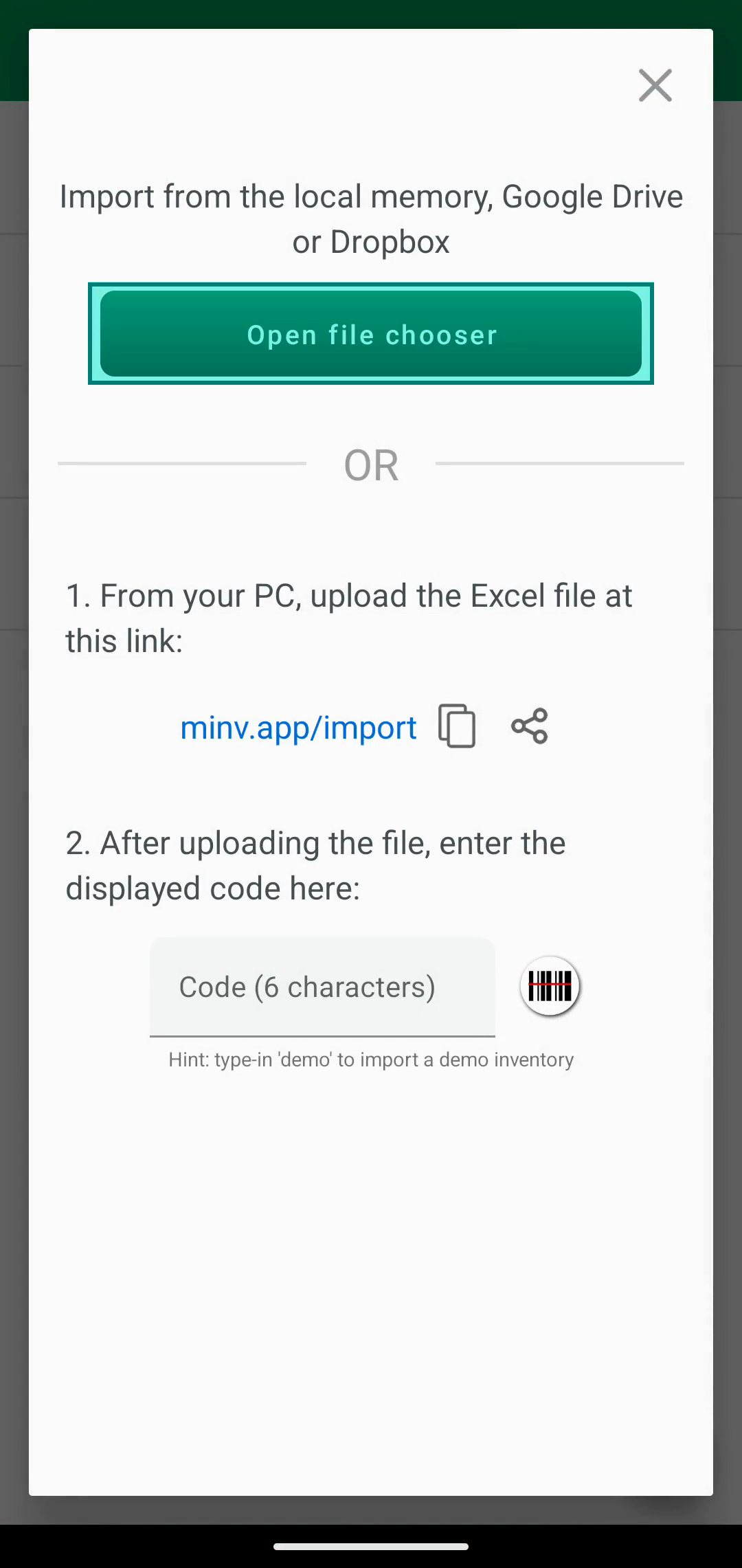 Open file chooser बटन वाला Import dialog
