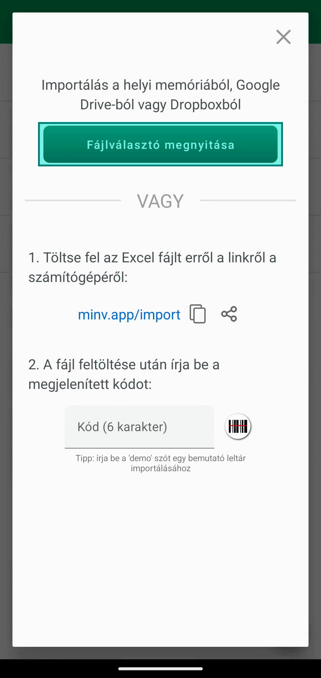Import párbeszédablak Open file chooser gombbal