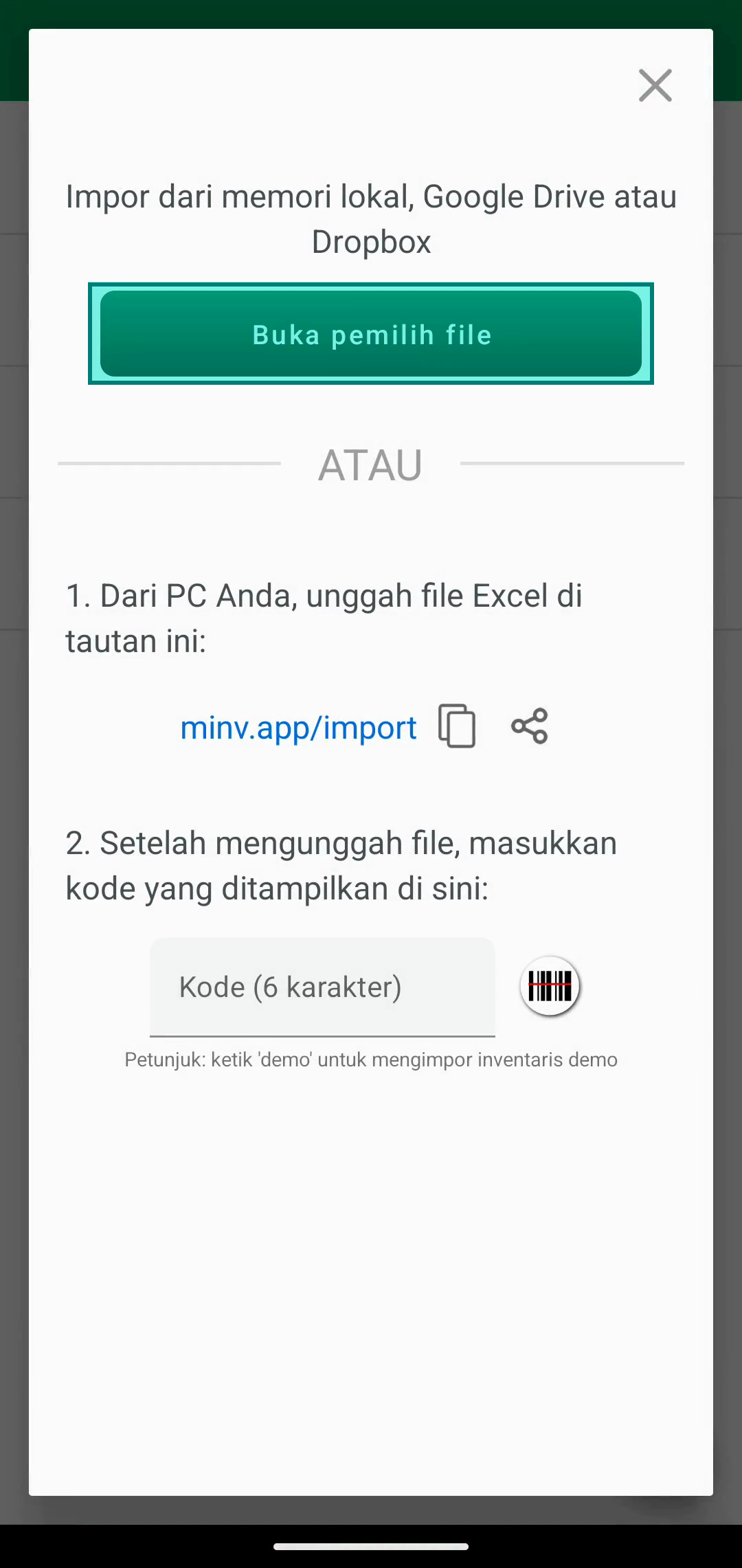 Dialog Import dengan tombol Open file chooser