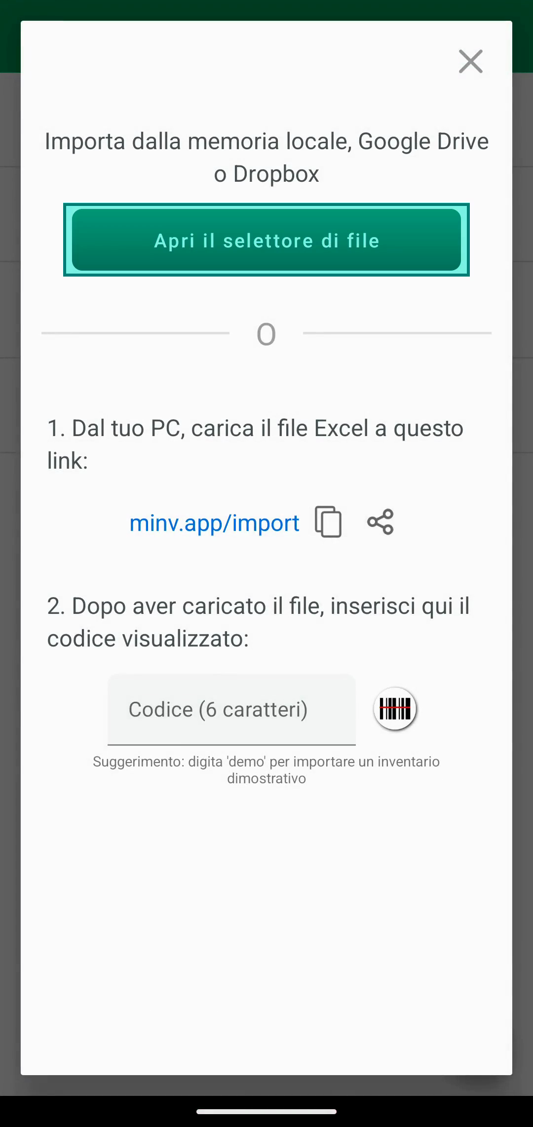 Finestra Import con pulsante Open file chooser