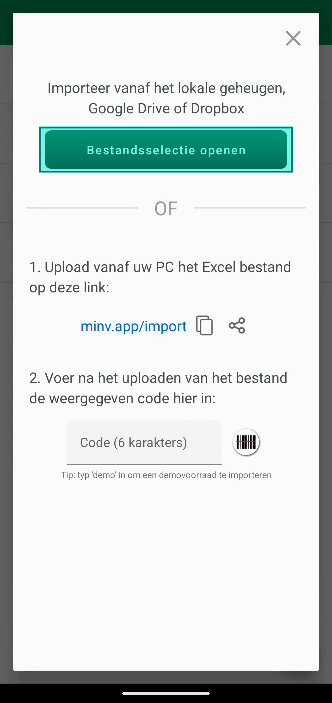 Import-dialoog met de knop Open file chooser