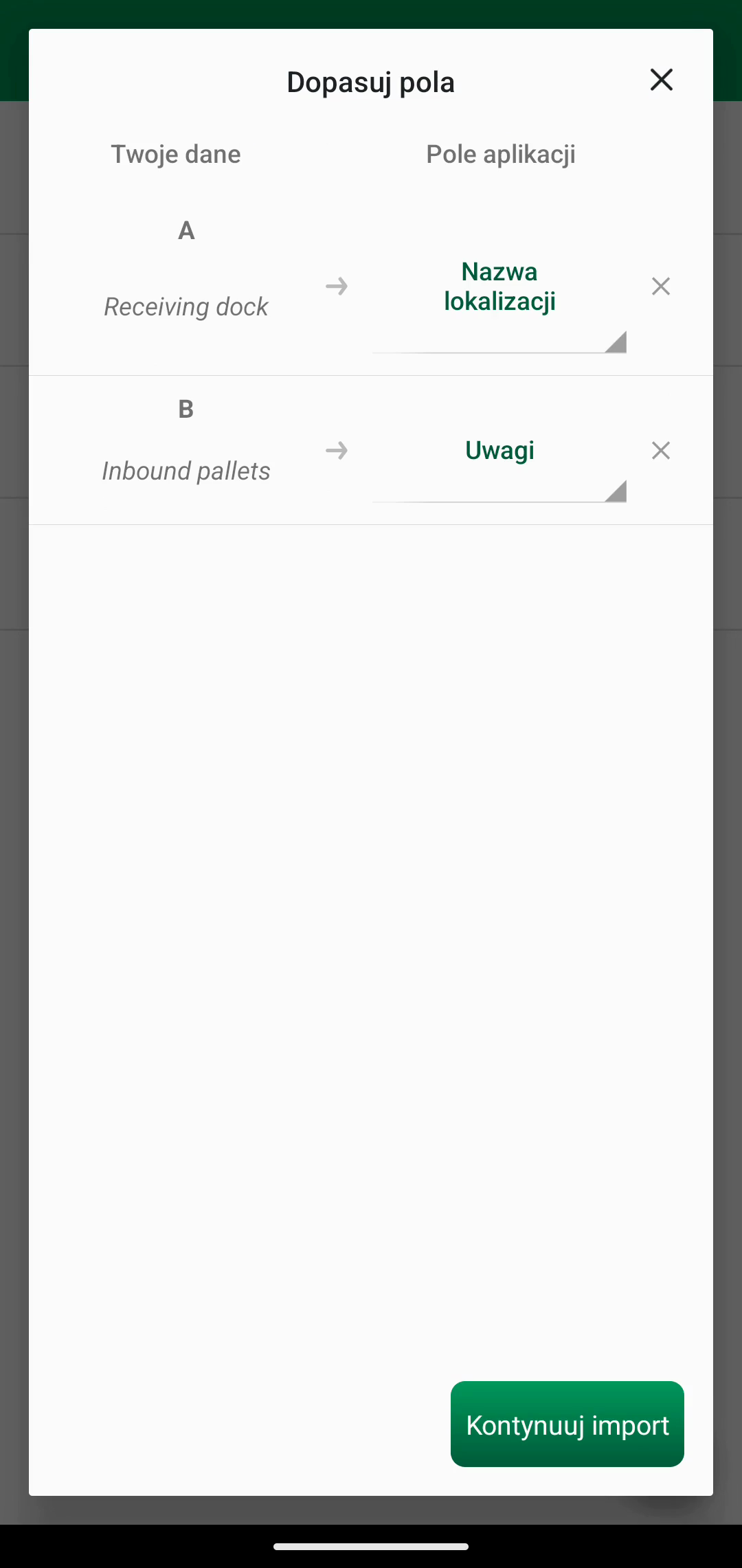 Ekran Mapowanie pól z mapowaniem Location name