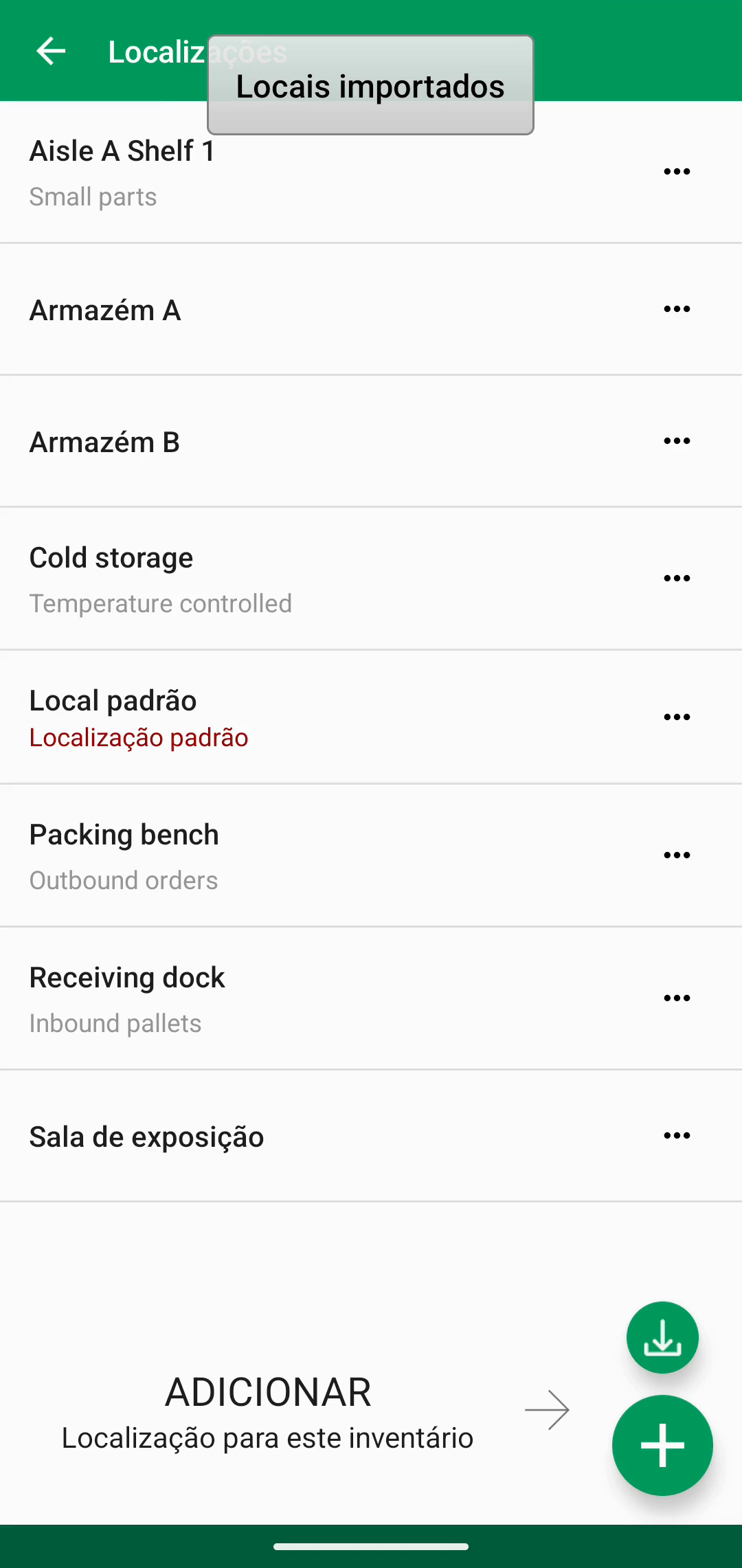 Lista Locations depois de adicionar locais importados