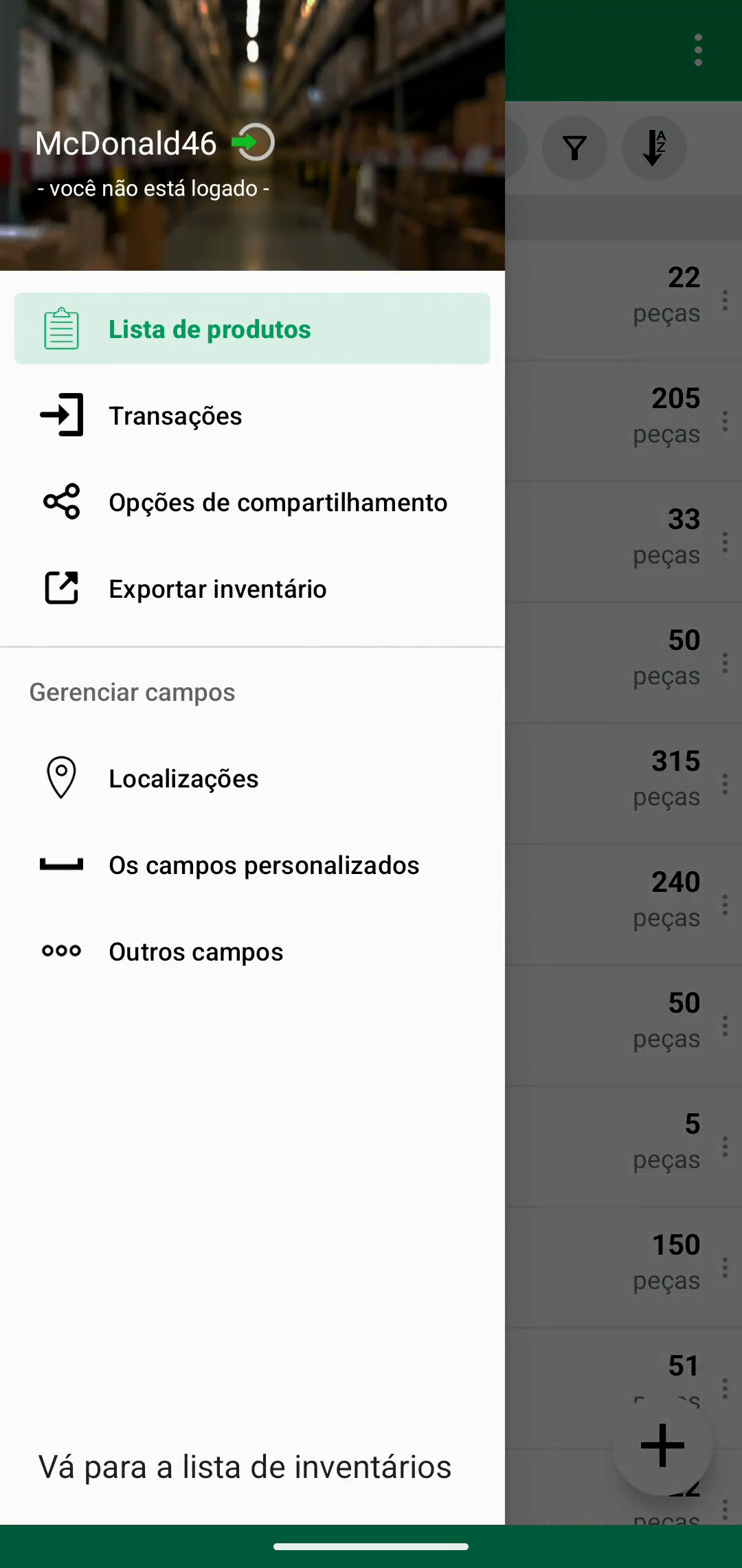 Locations selecionado no menu de navegação móvel