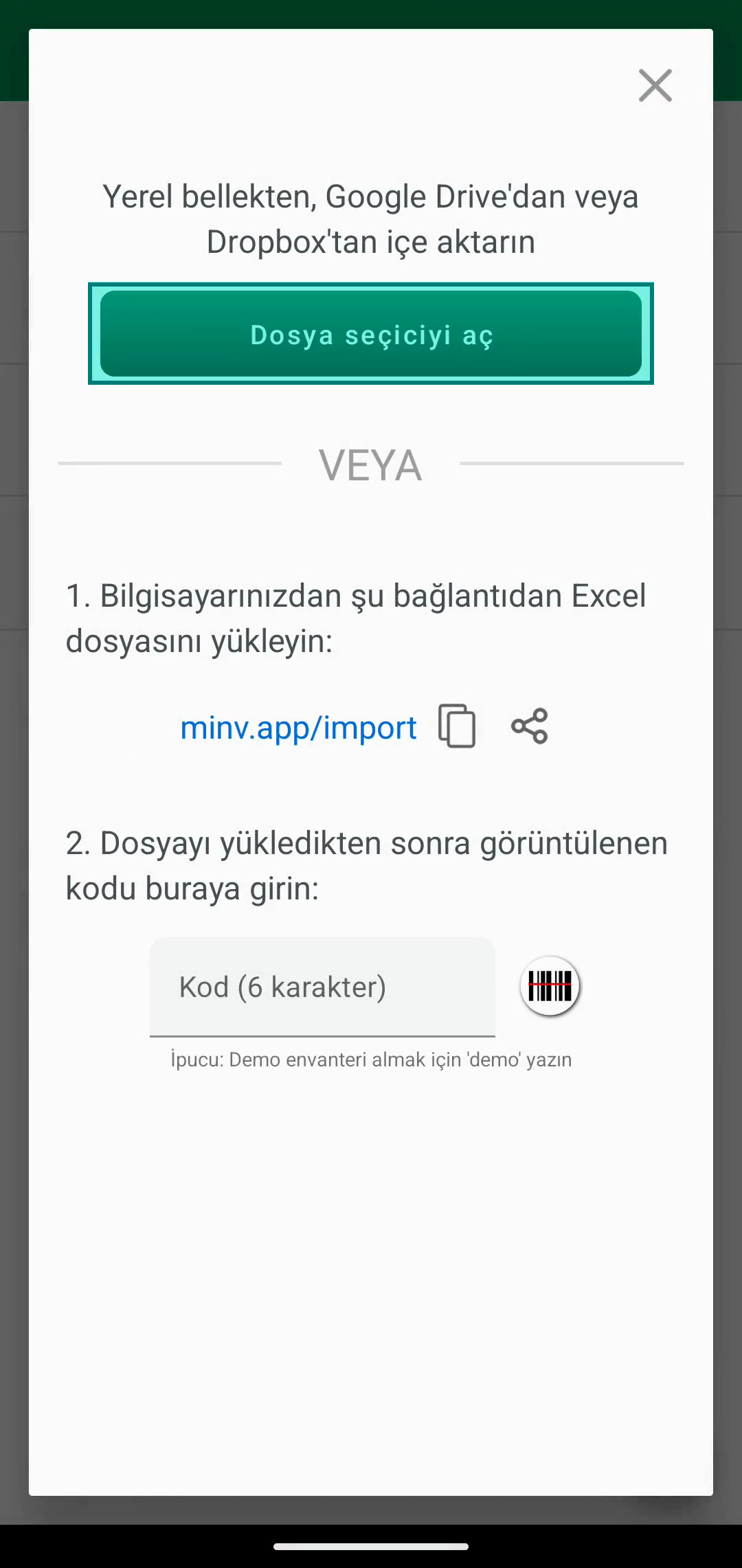 Open file chooser düğmeli Import iletişim kutusu