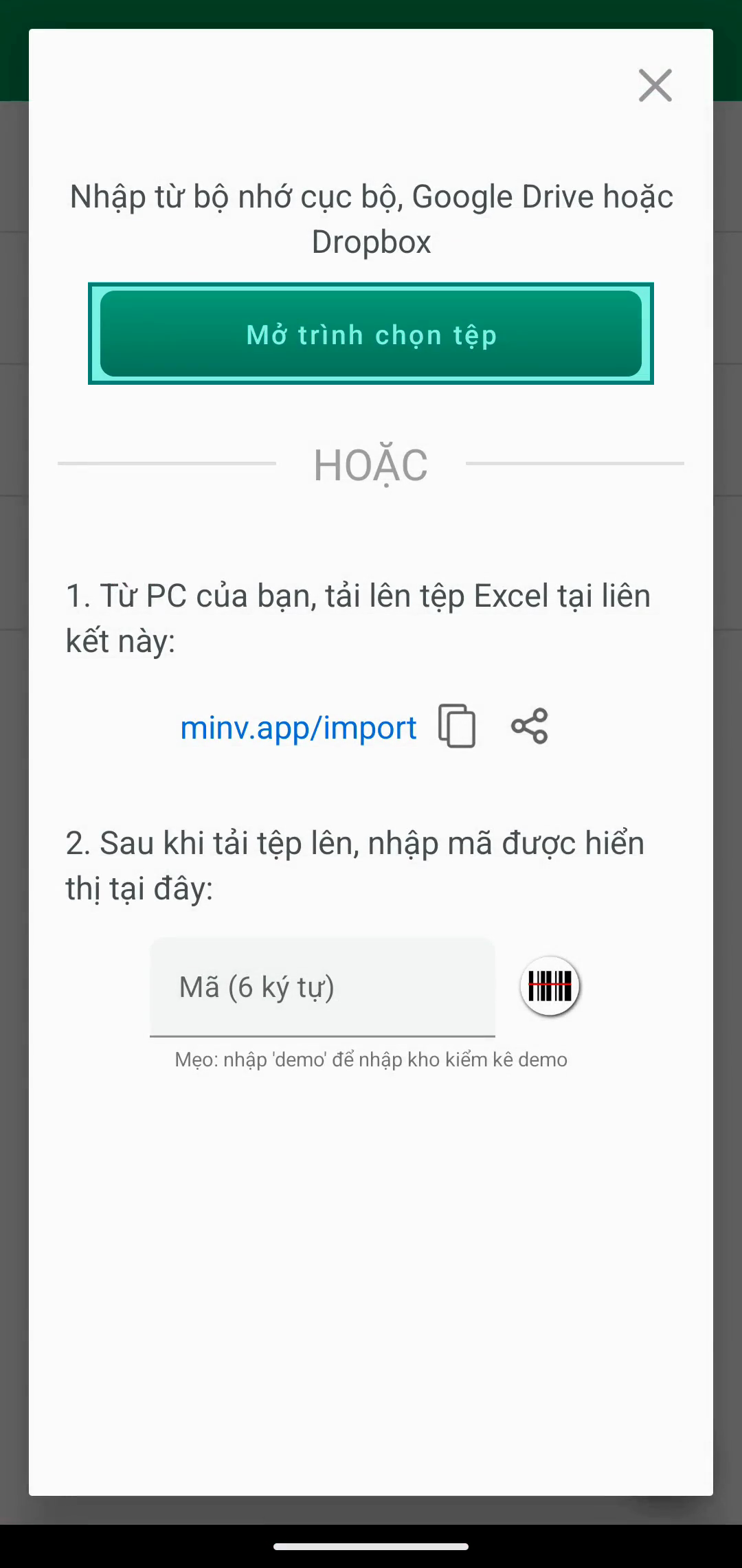 Hộp thoại Import có nút Open file chooser