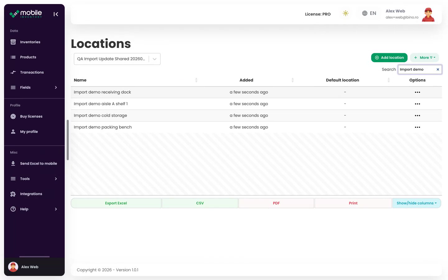Web app Locations table showing the imported location rows