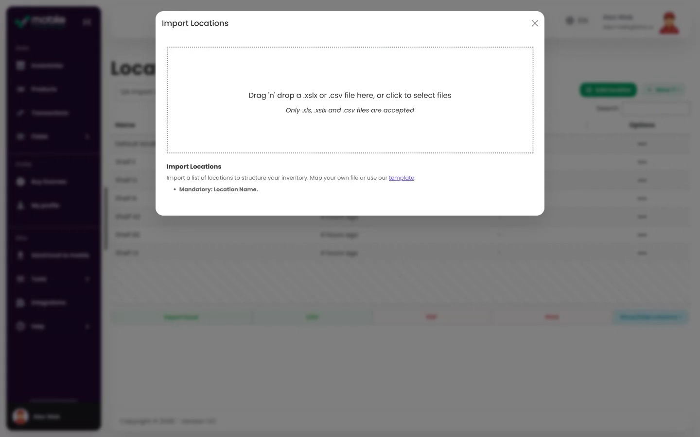 Web app Import Locations dialog with a CSV or Excel upload area