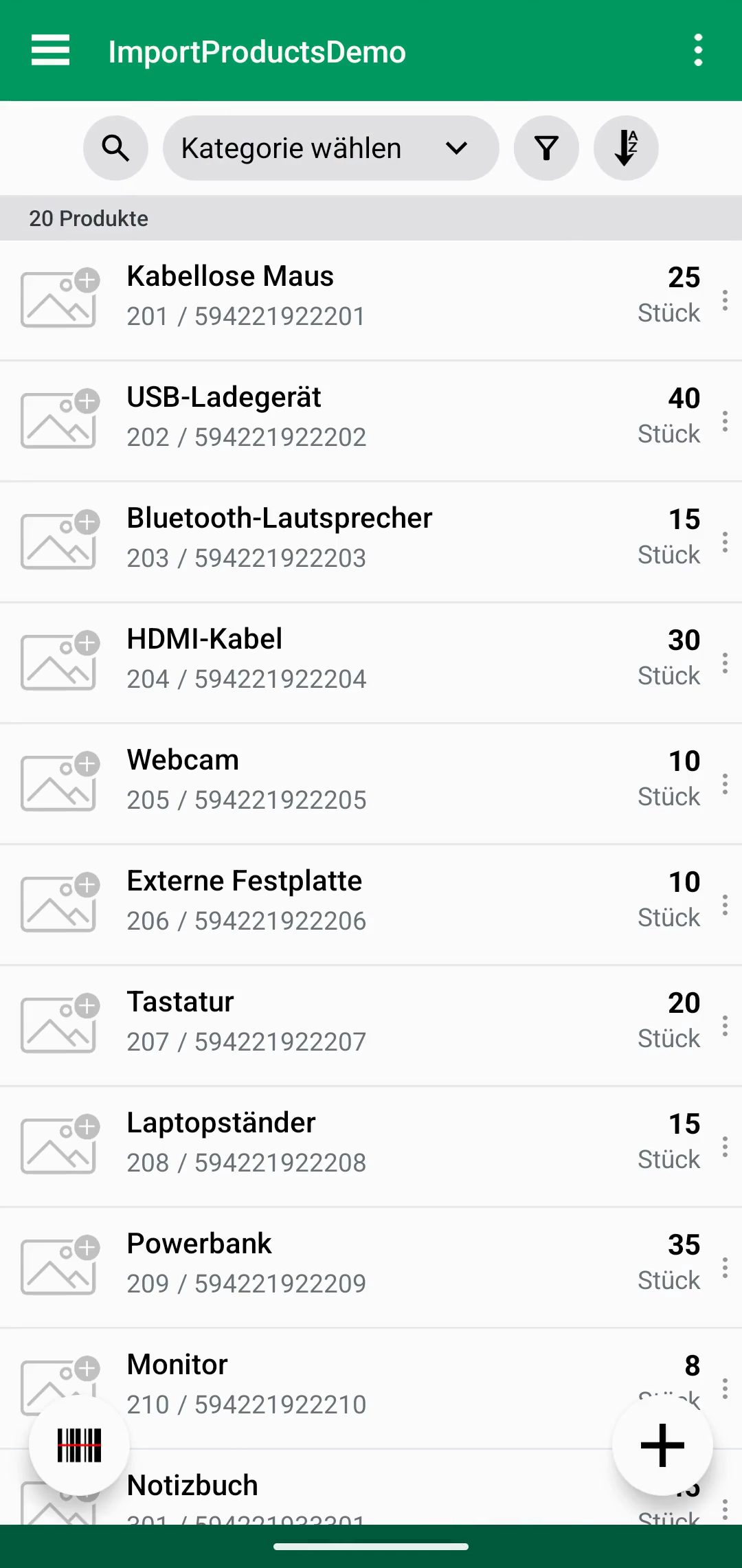 Produktliste nach abgeschlossenem Produktimport