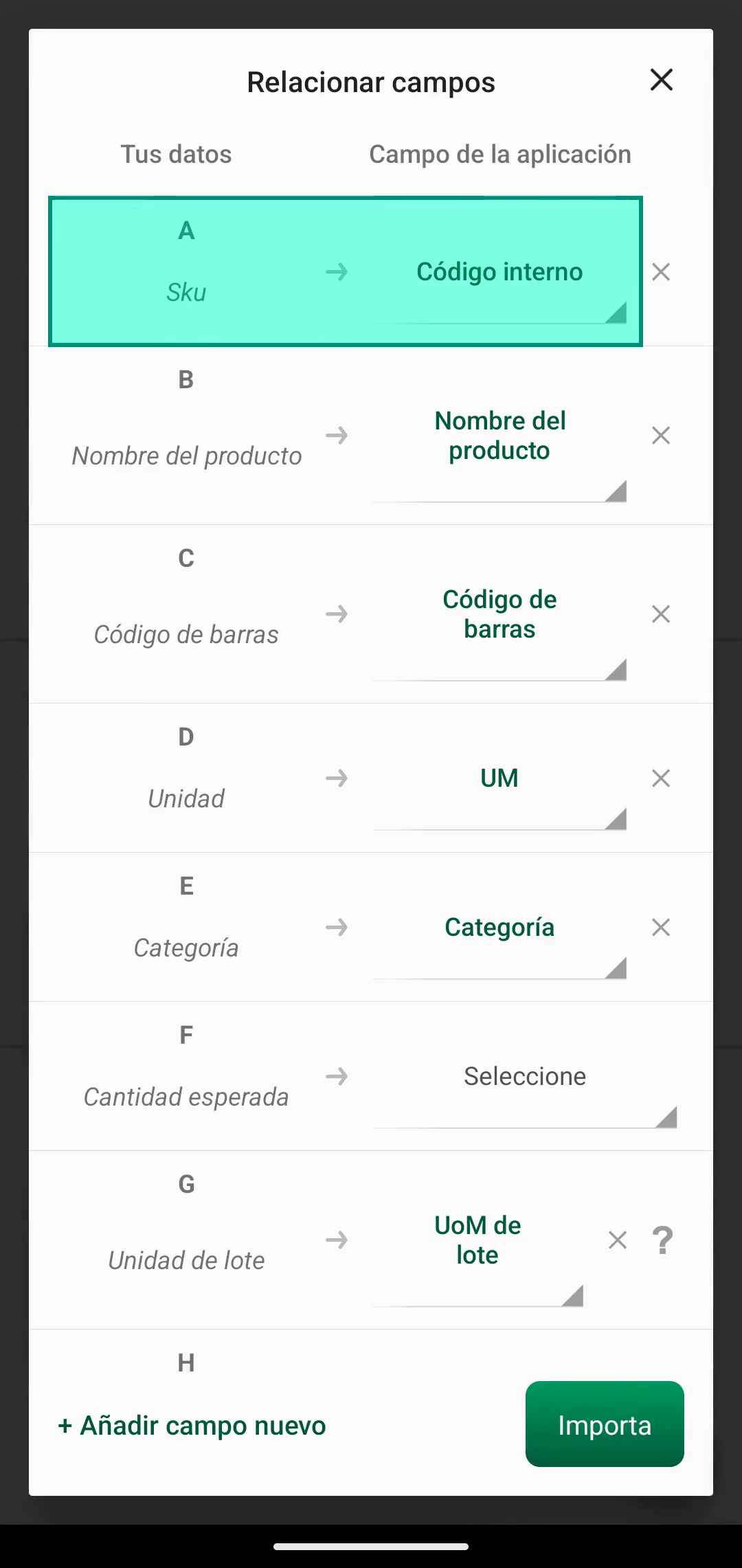 Pantalla Relacionar campos con columnas asignadas a campos de la app