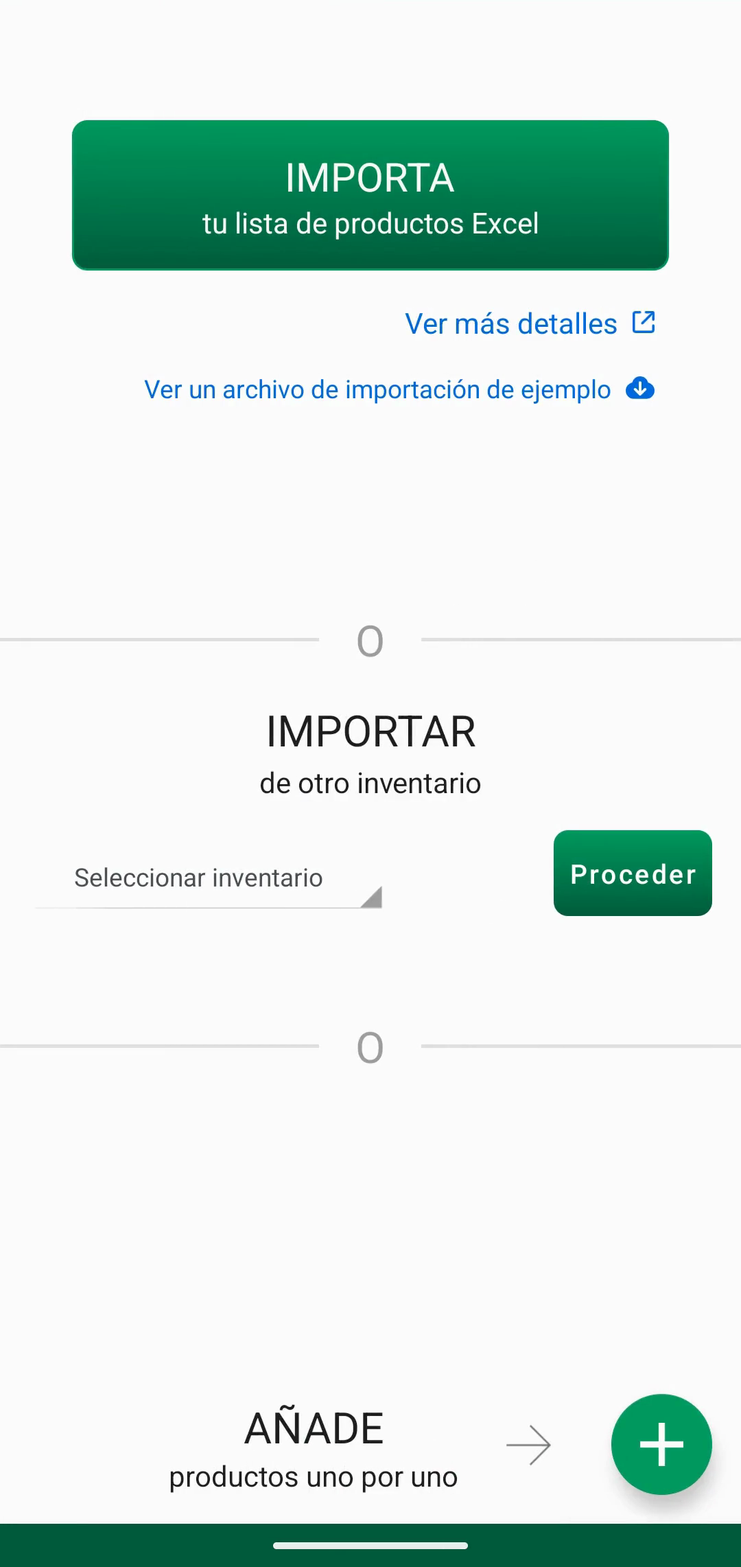 Inventario vacío con la opción para importar una lista Excel de productos