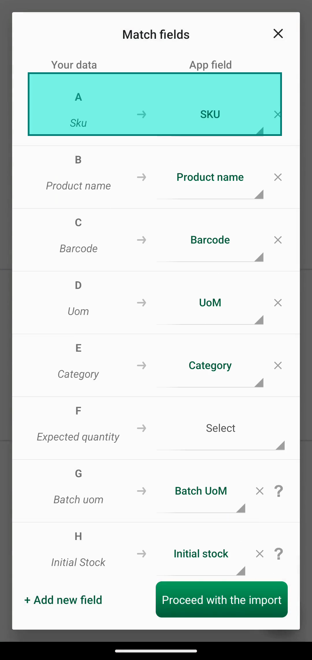 Match fields screen showing file columns mapped to app fields