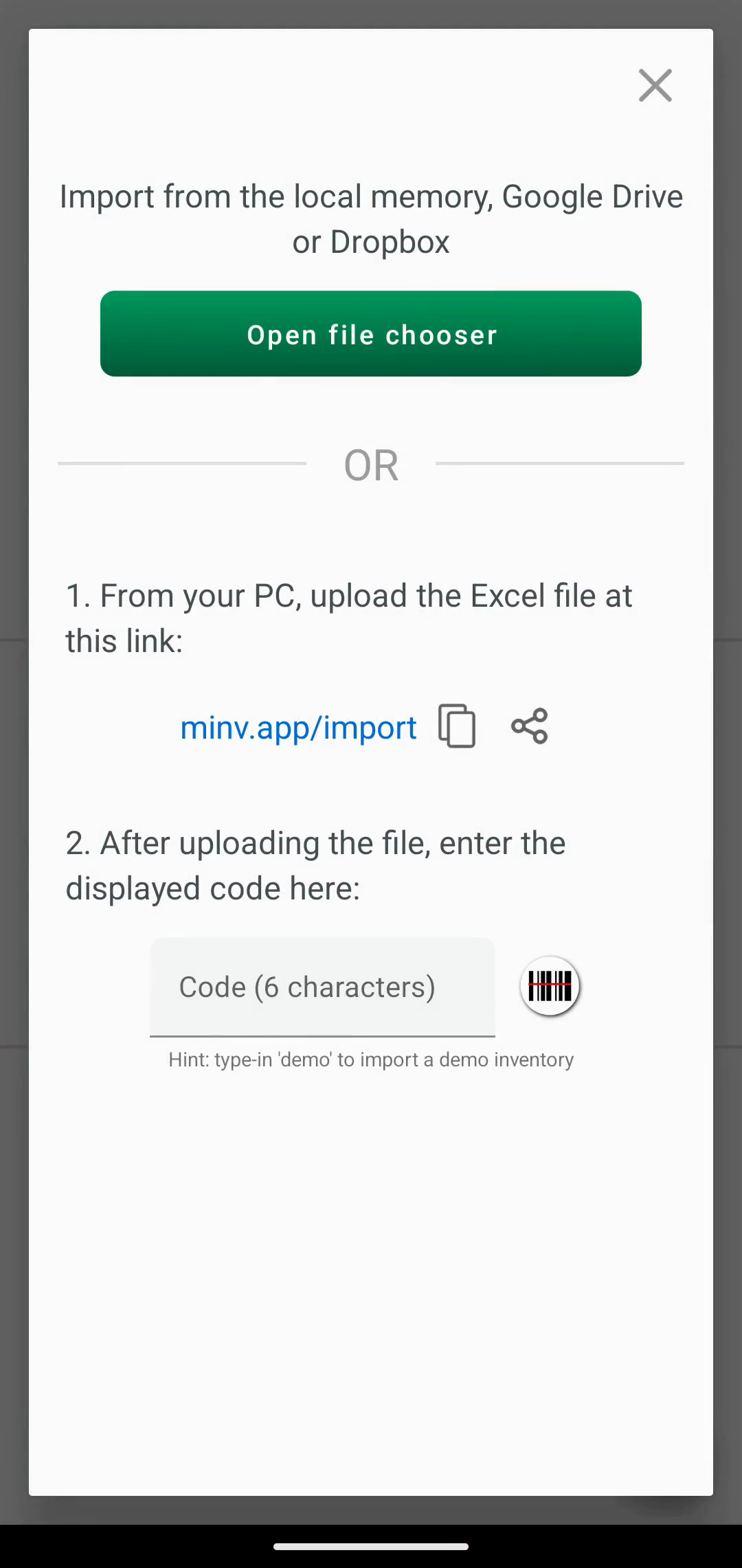 Import screen with file chooser and web import code field