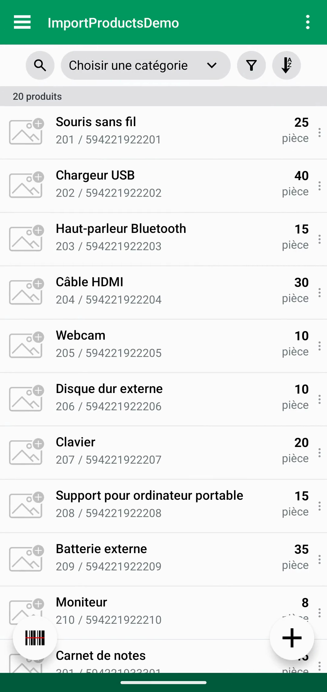 Liste de produits après la fin de l’import