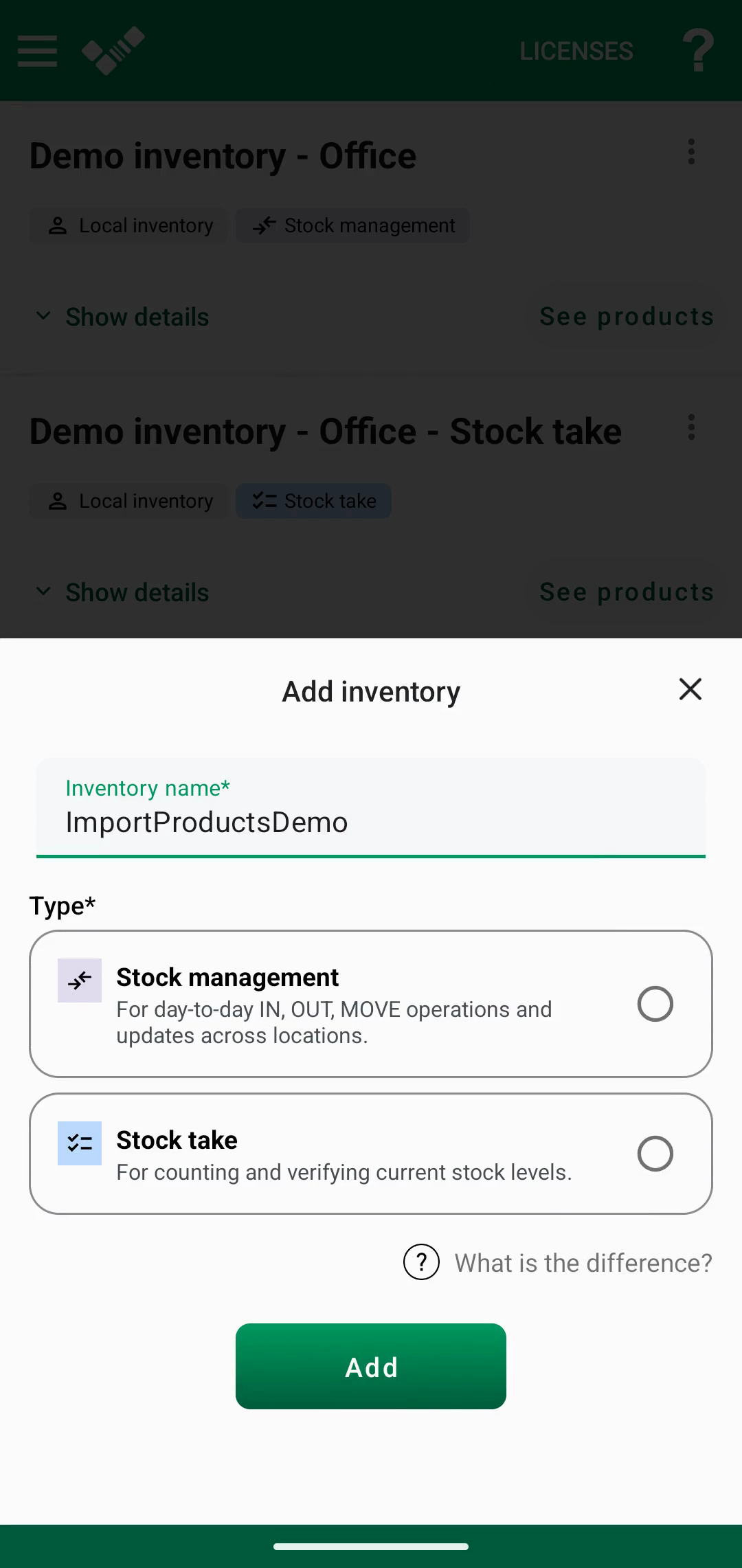 खाली inventory screen जिसमें Excel product list import करने का option है