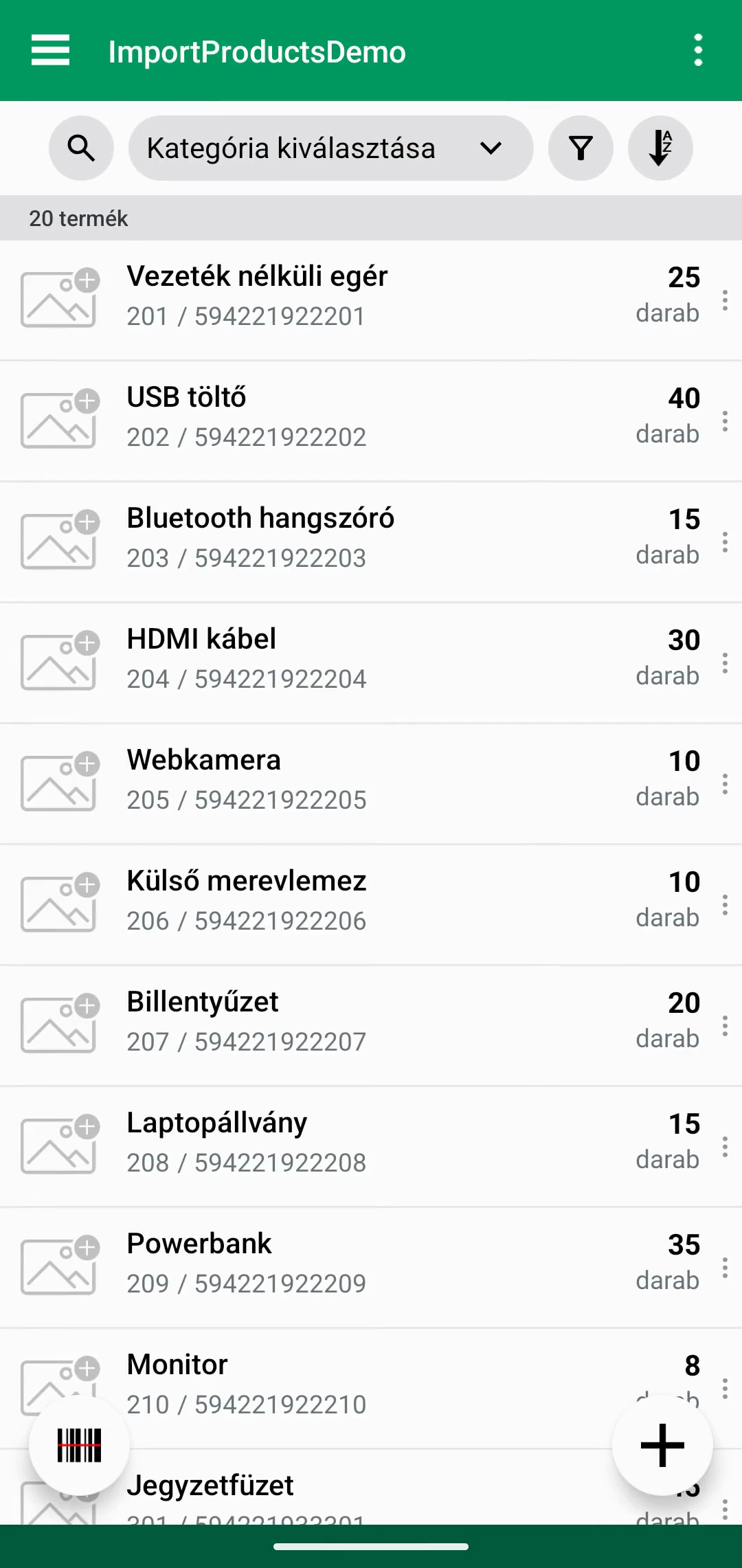 Terméklista a termékimport befejezése után