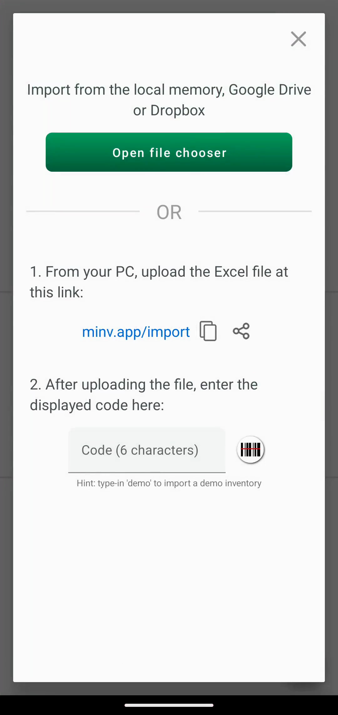 Empty inventory screen with the Import your Excel product list option
