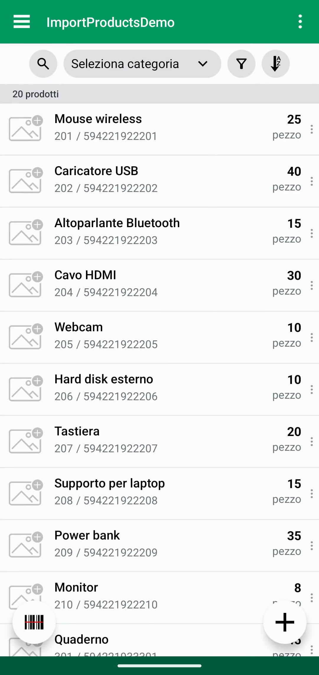 Lista prodotti dopo il completamento dell’importazione