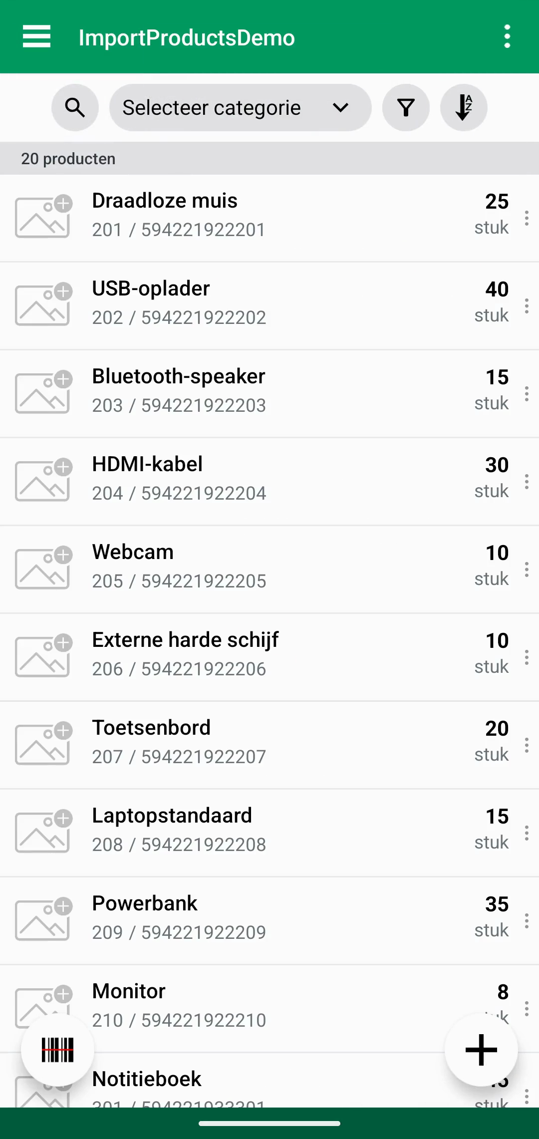 Productlijst nadat de productimport is voltooid