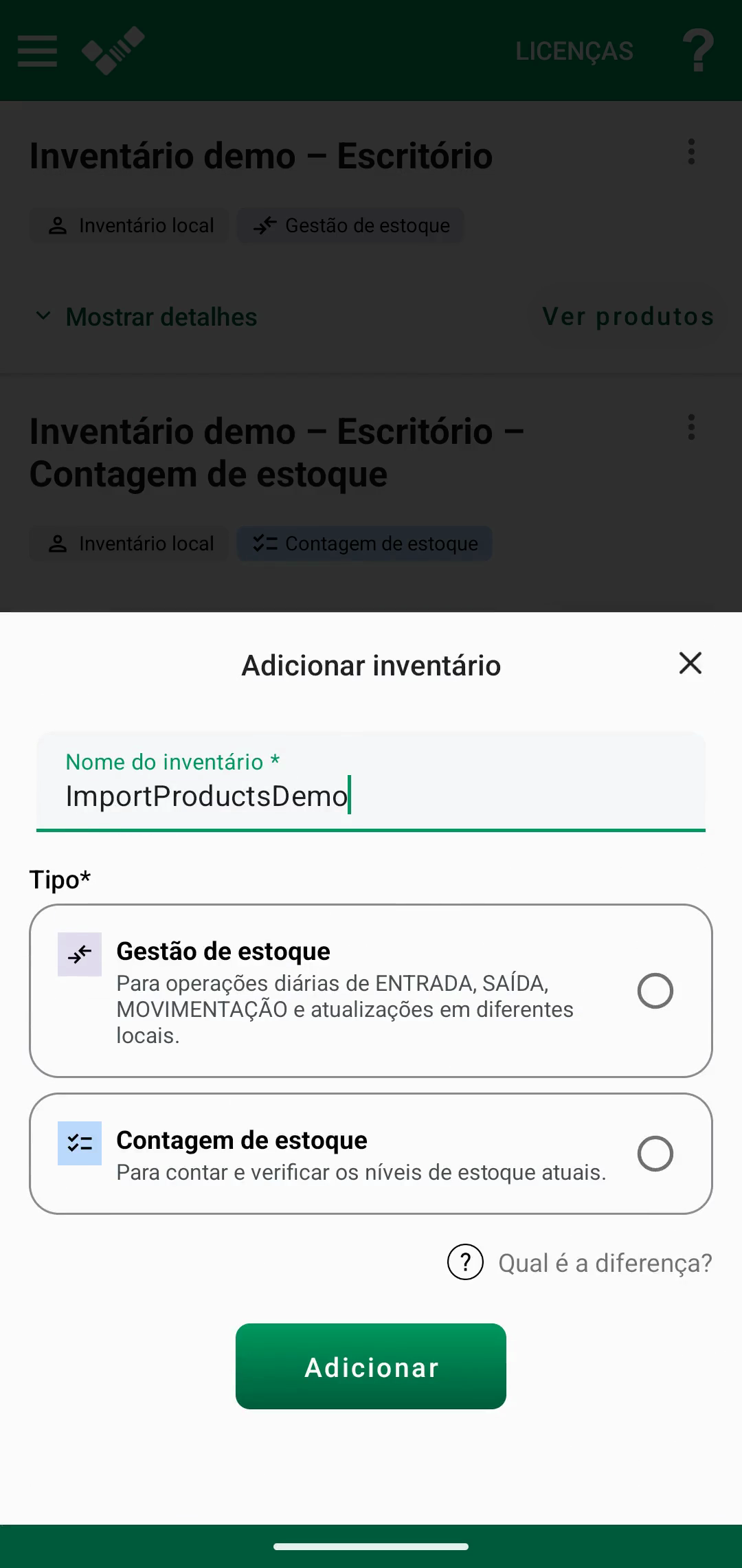 Inventário vazio com a opção para importar uma lista Excel de produtos