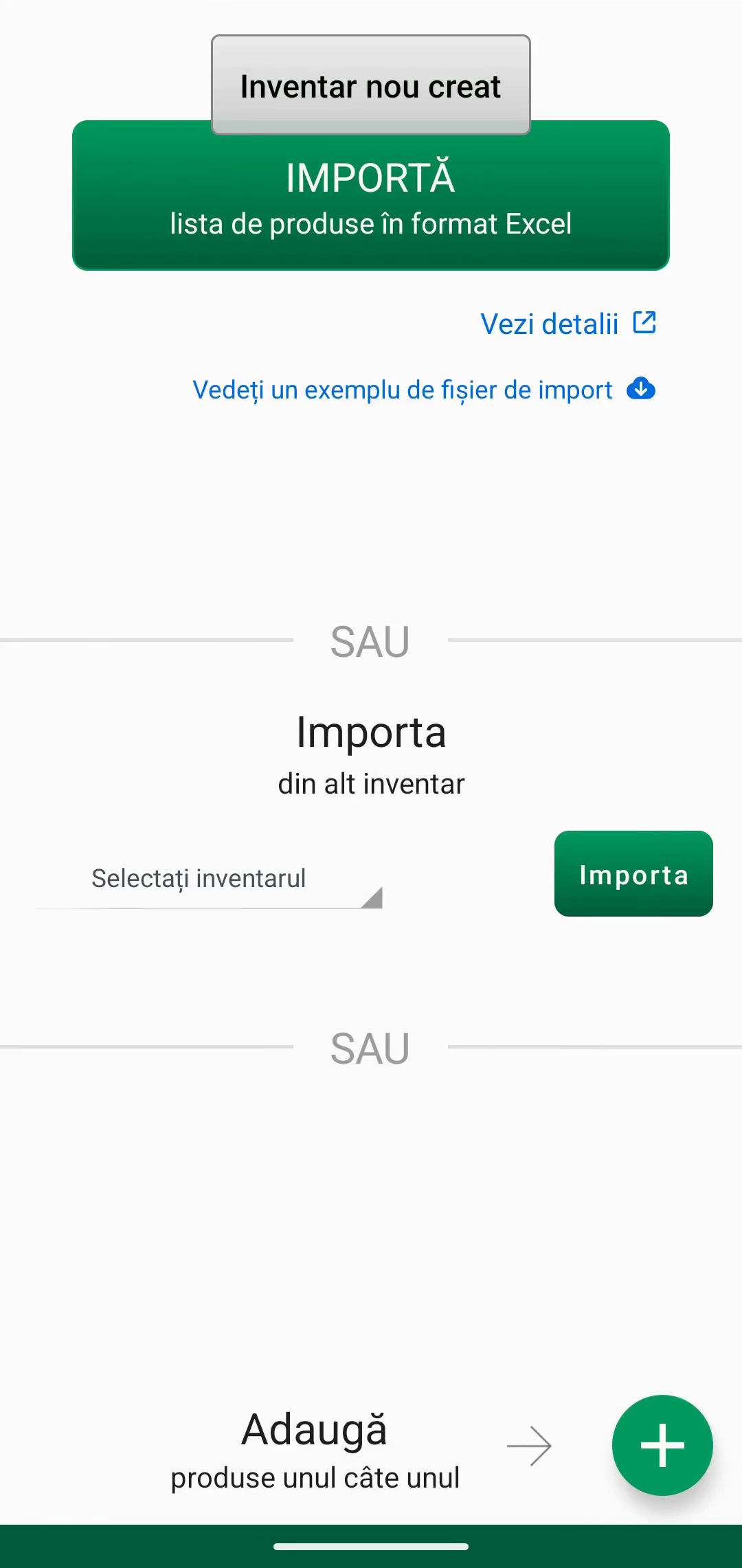 Ecran de import cu selector de fișier și câmp pentru cod Web