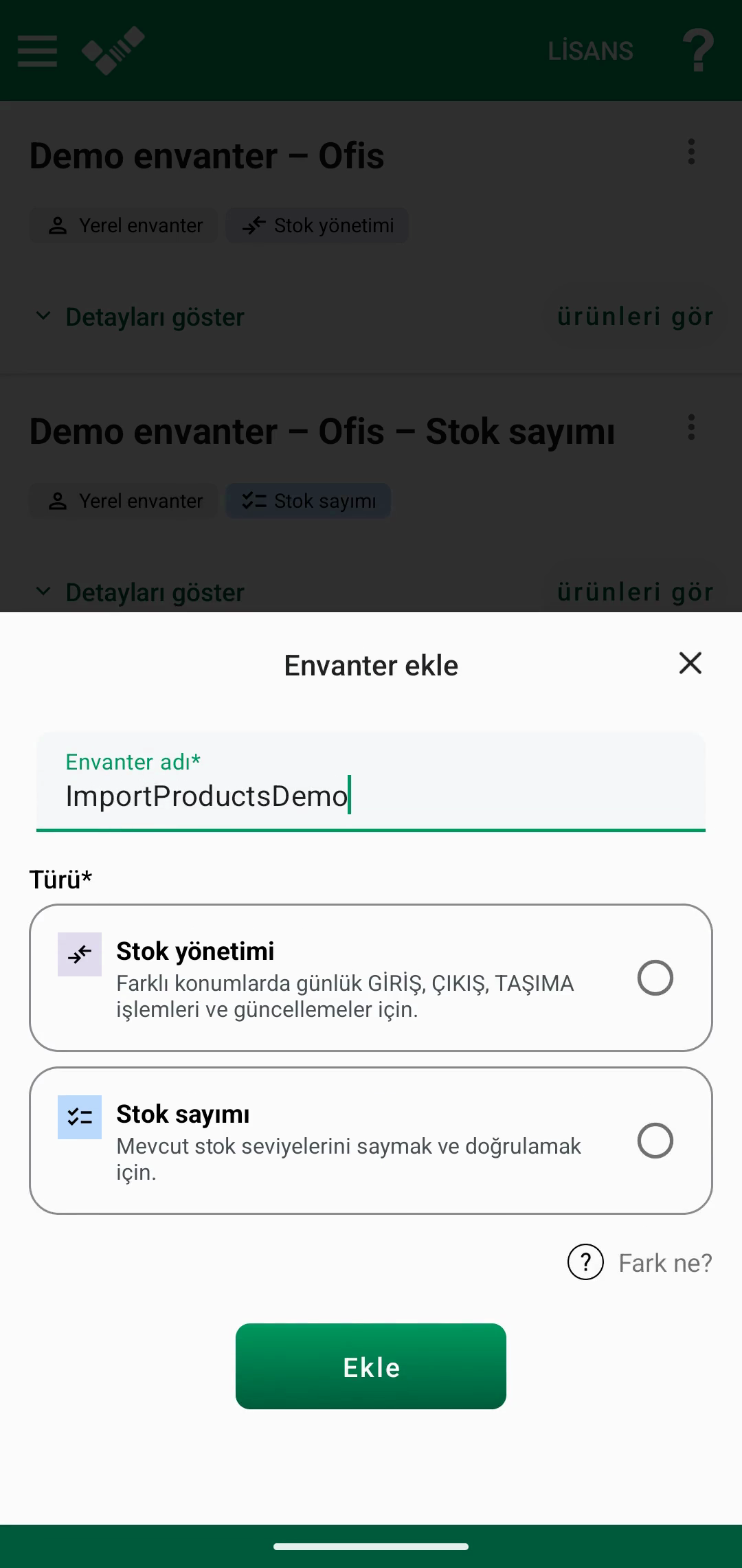 Excel ürün listesini içe aktarma seçeneği bulunan boş envanter