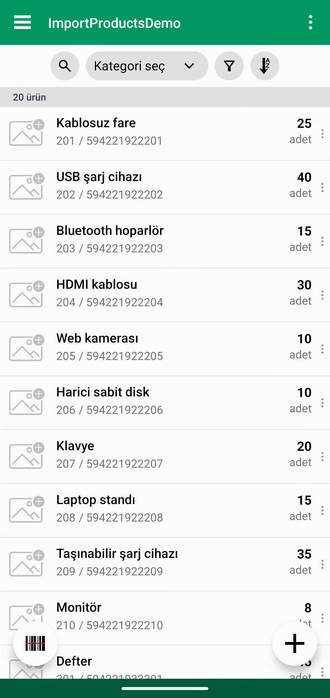 Ürün içe aktarma tamamlandıktan sonraki ürün listesi