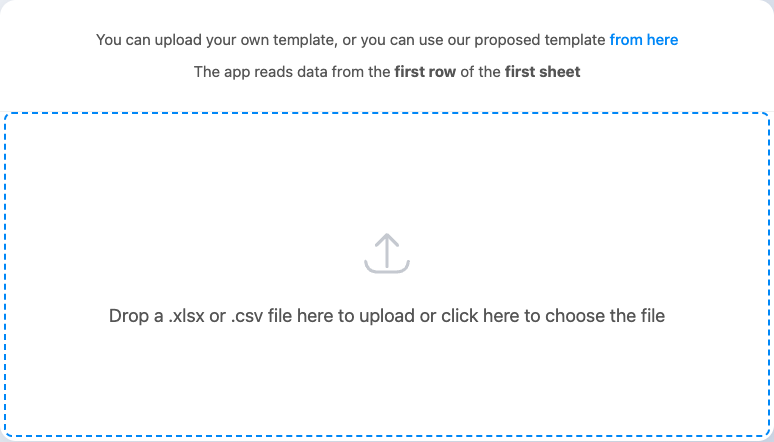 Web import page with an Excel or CSV upload area