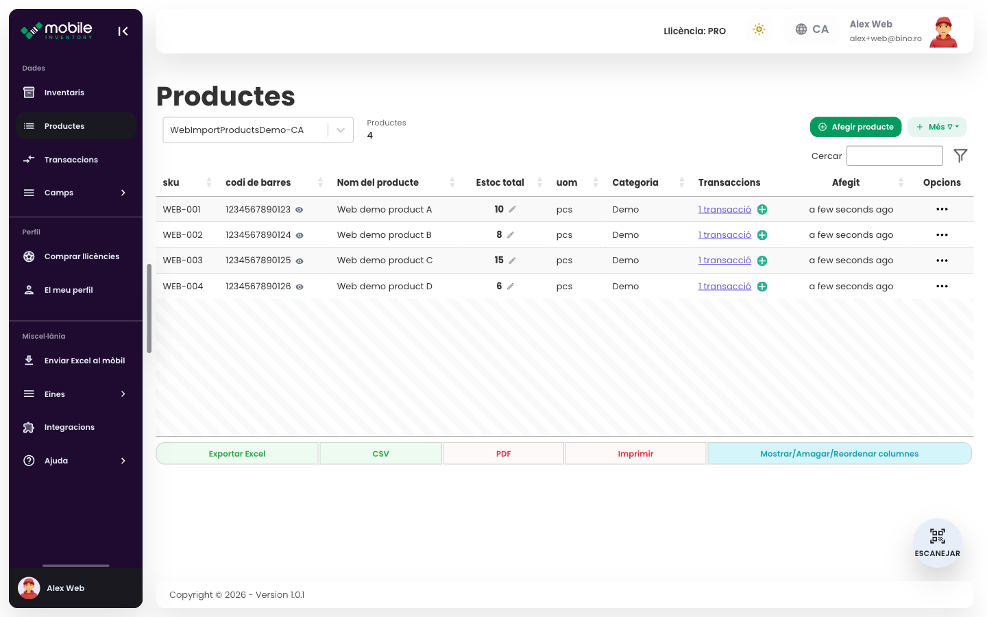 Taula Products de l’aplicació Web amb les files de productes importades