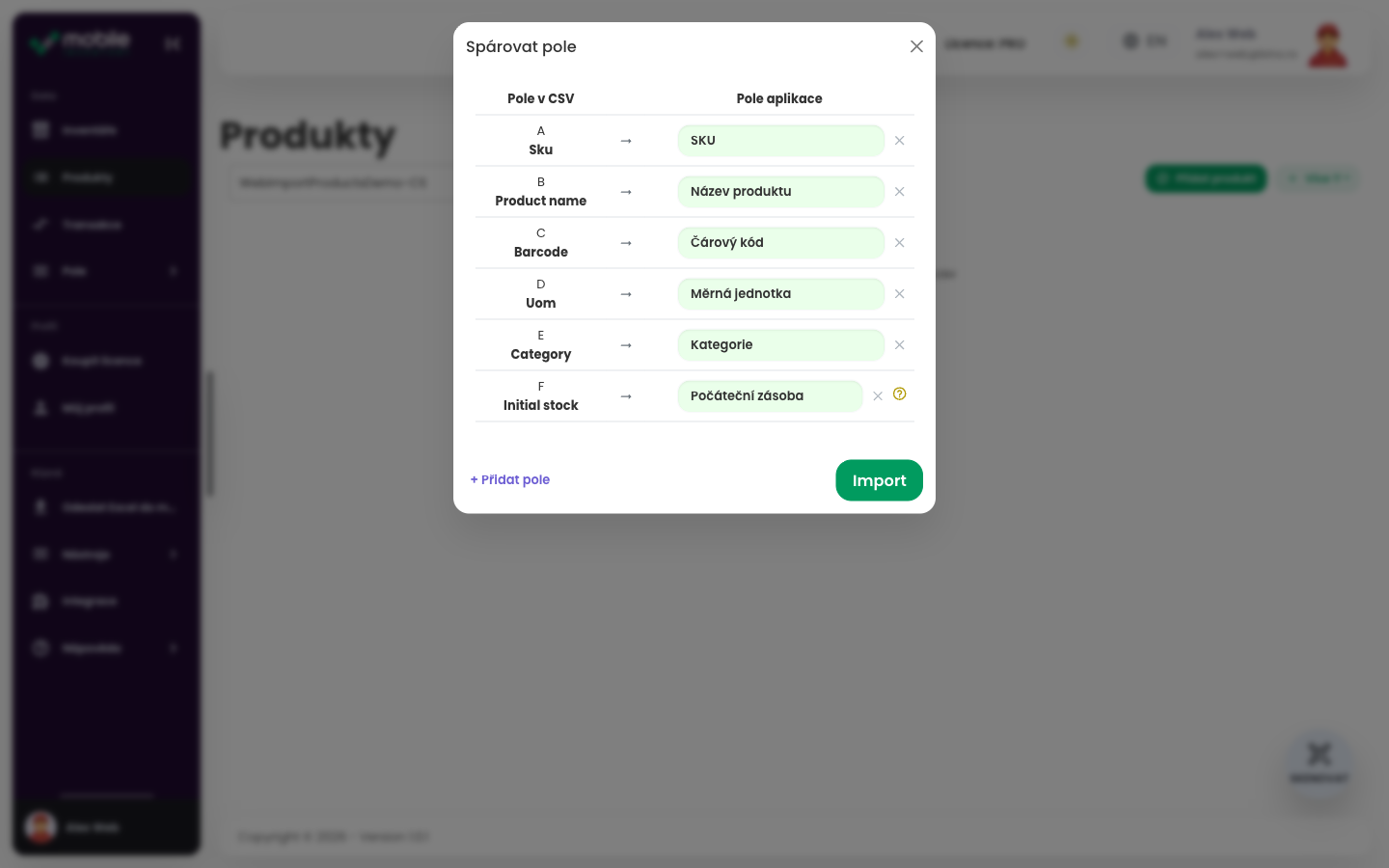 Dialog Match fields ve webové aplikaci se sloupci CSV přiřazenými k polím Mobile Inventory