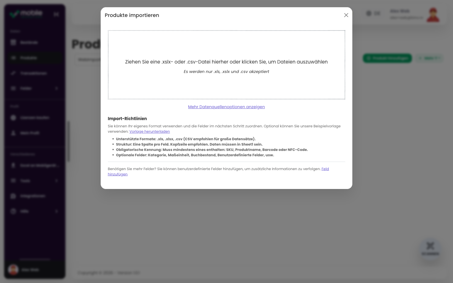 Import products-Dialog der Web-App mit Uploadbereich für eine CSV- oder Excel-Datei