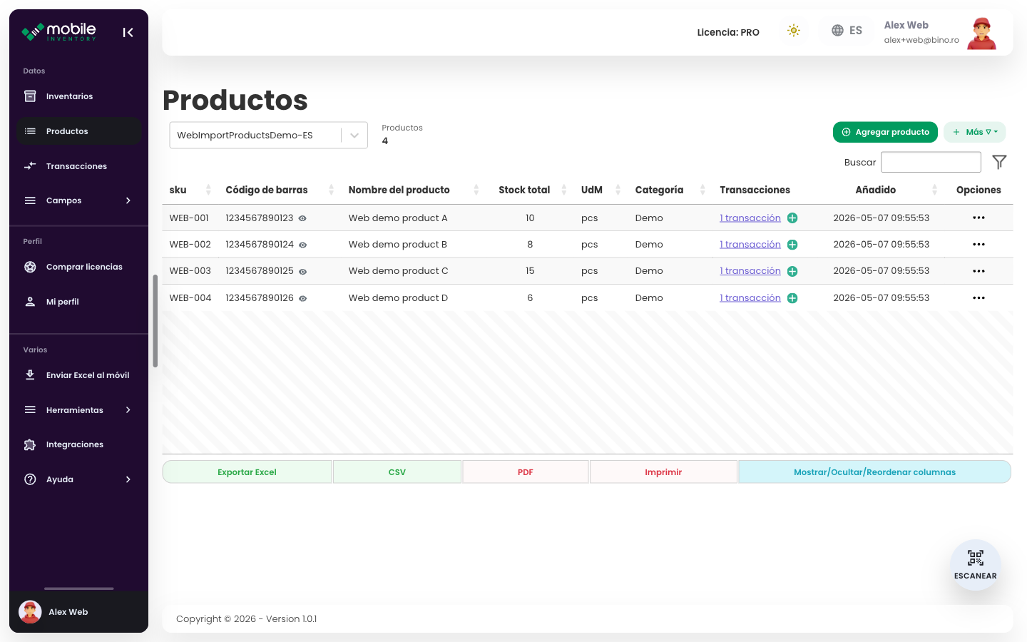 Tabla Products de la app Web con las filas de productos importadas