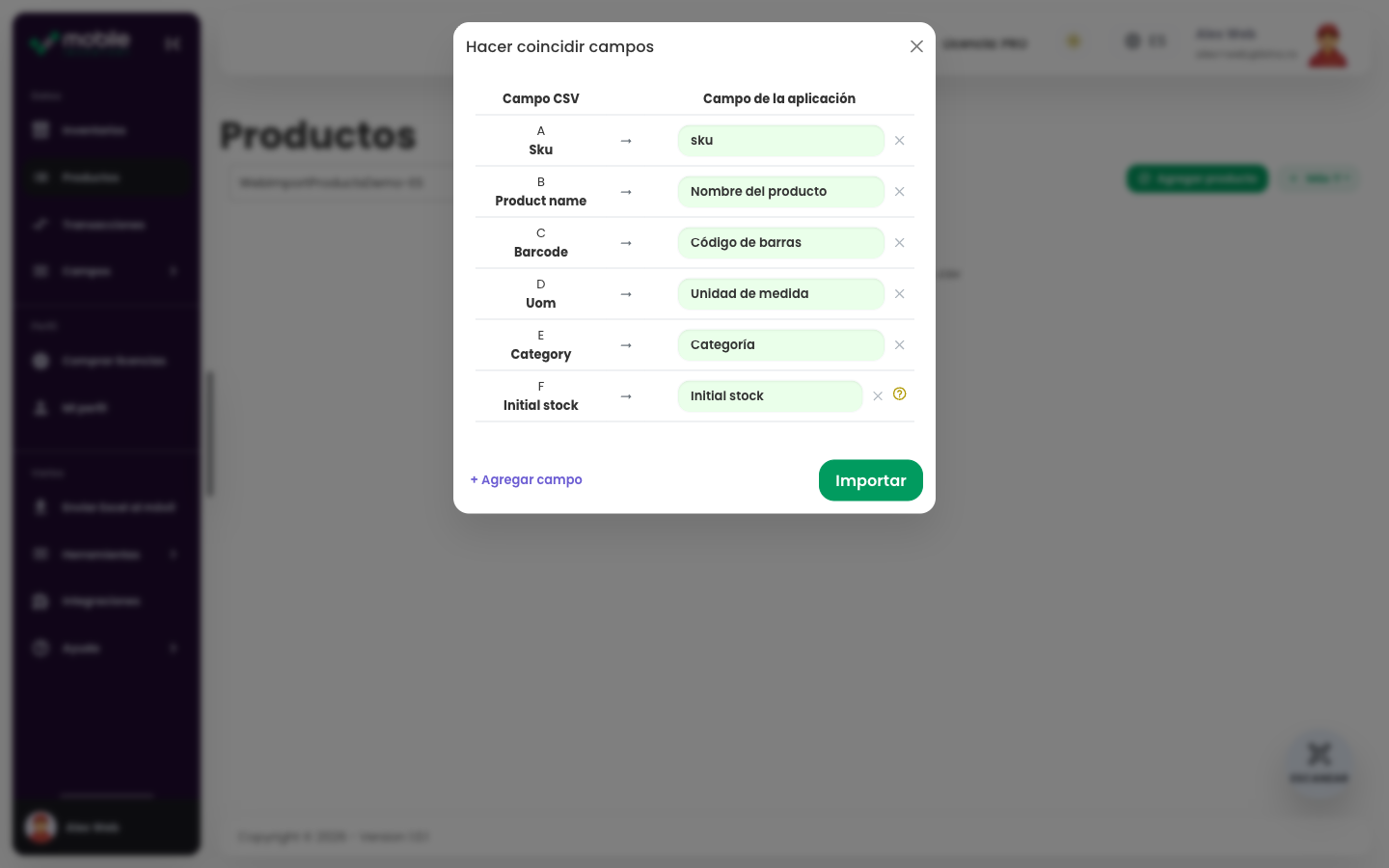 Cuadro Match fields de la app Web con columnas CSV relacionadas con campos de Mobile Inventory