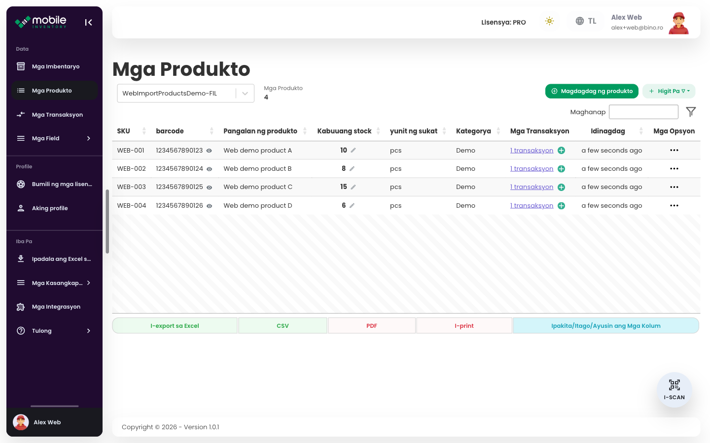 Talahanayan ng Products sa Web app na nagpapakita ng mga na-import na row ng produkto
