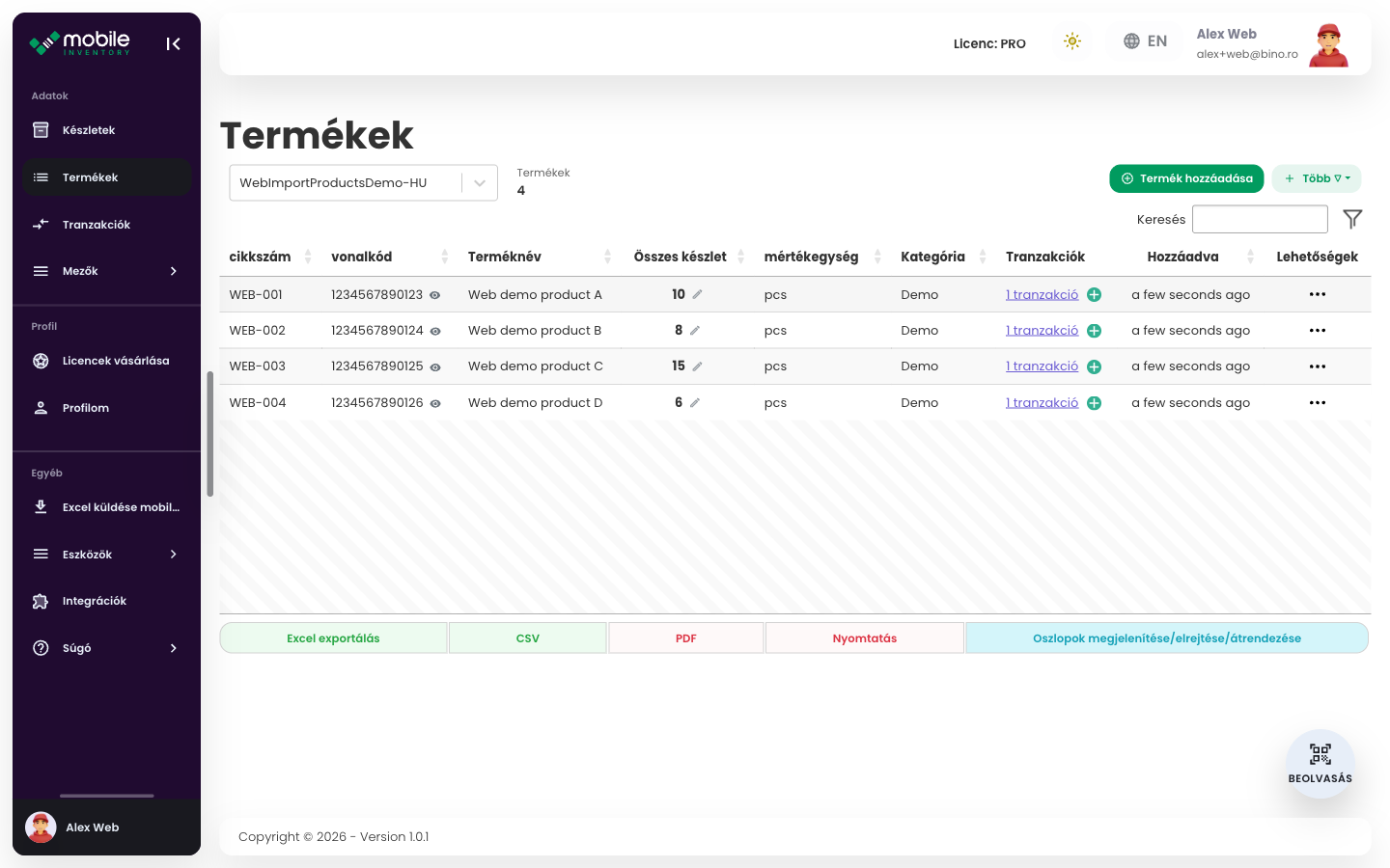Products táblázat a Web appban az importált terméksorokkal