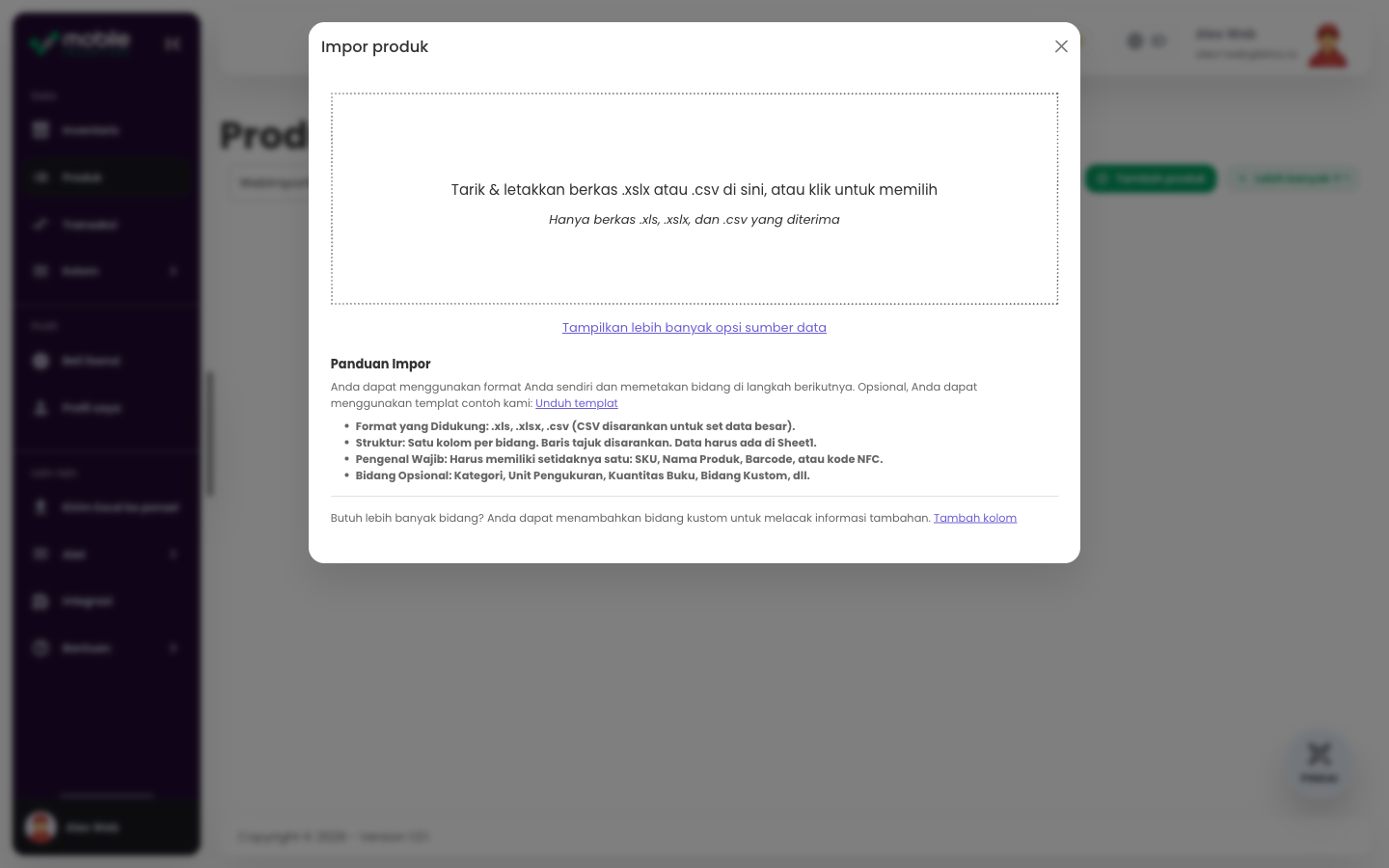 Dialog Import products di aplikasi Web dengan area unggah file CSV atau Excel