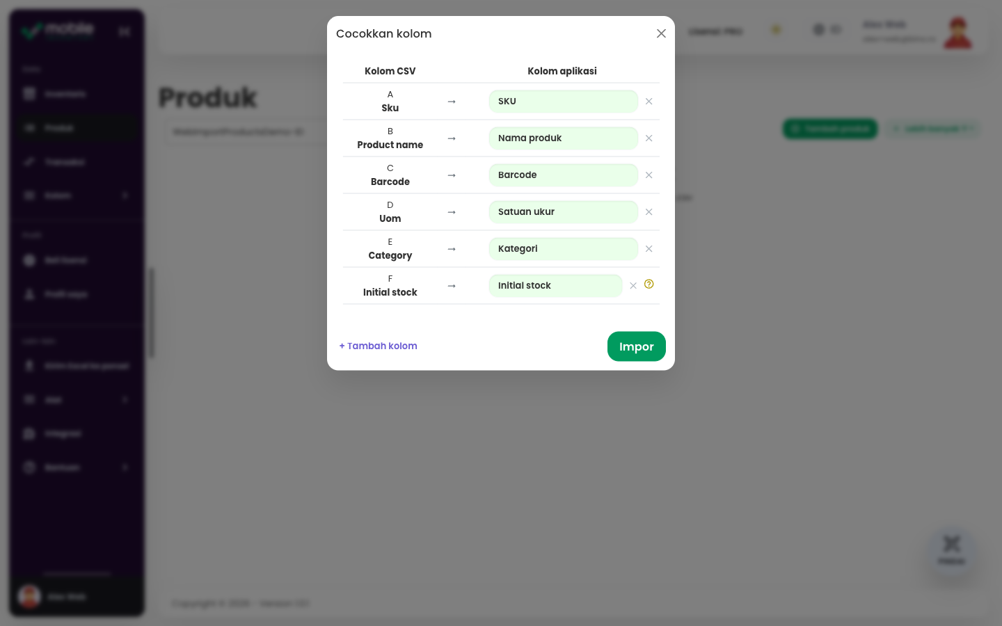 Dialog Match fields di aplikasi Web dengan kolom CSV yang dipetakan ke field Mobile Inventory