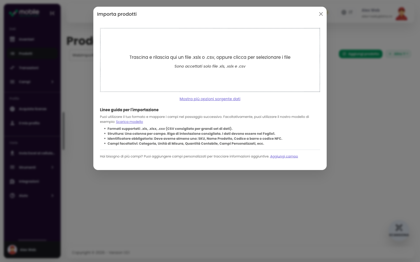 Finestra Import products dell’app Web con area per caricare un file CSV o Excel