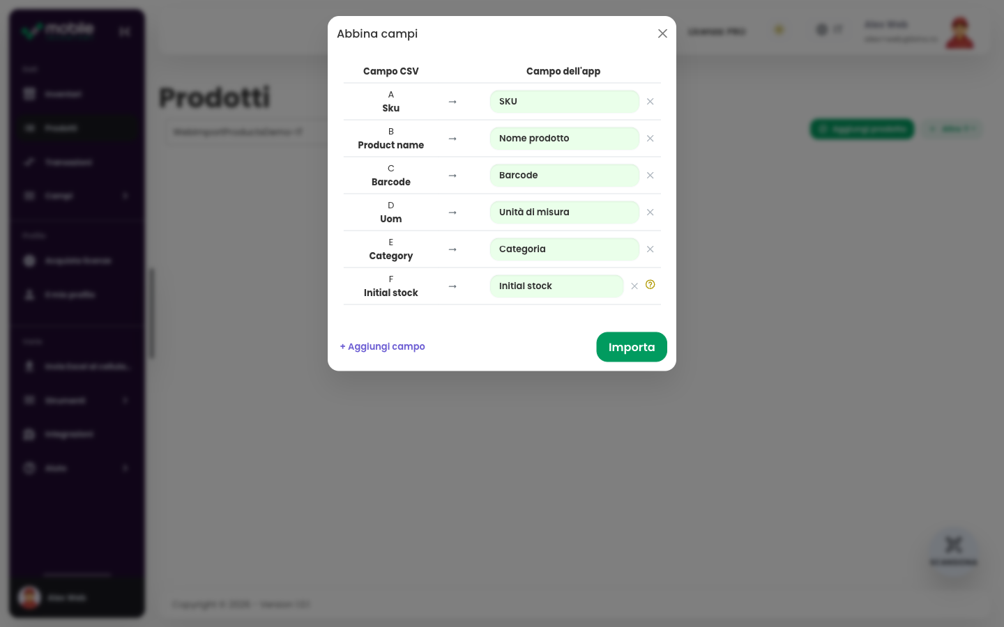 Finestra Match fields dell’app Web con colonne CSV abbinate ai campi di Mobile Inventory