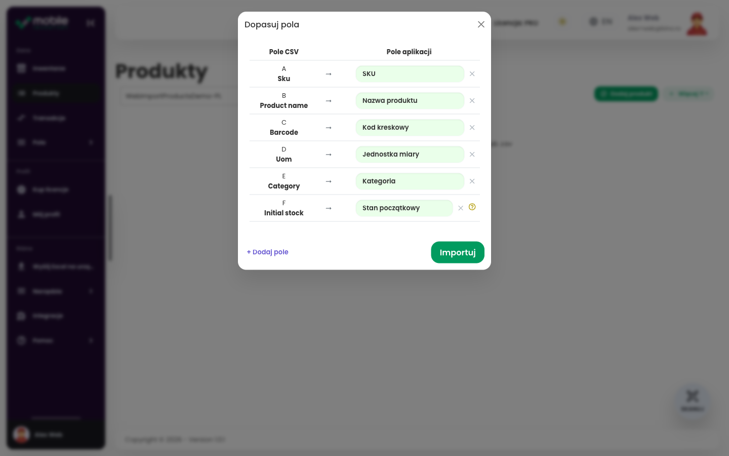 Okno Match fields w aplikacji Web z kolumnami CSV przypisanymi do pól Mobile Inventory