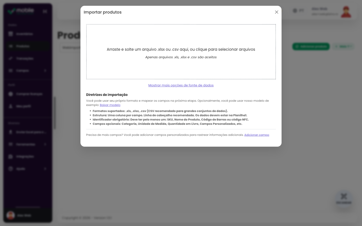 Janela Import products do app Web com área para enviar arquivo CSV ou Excel