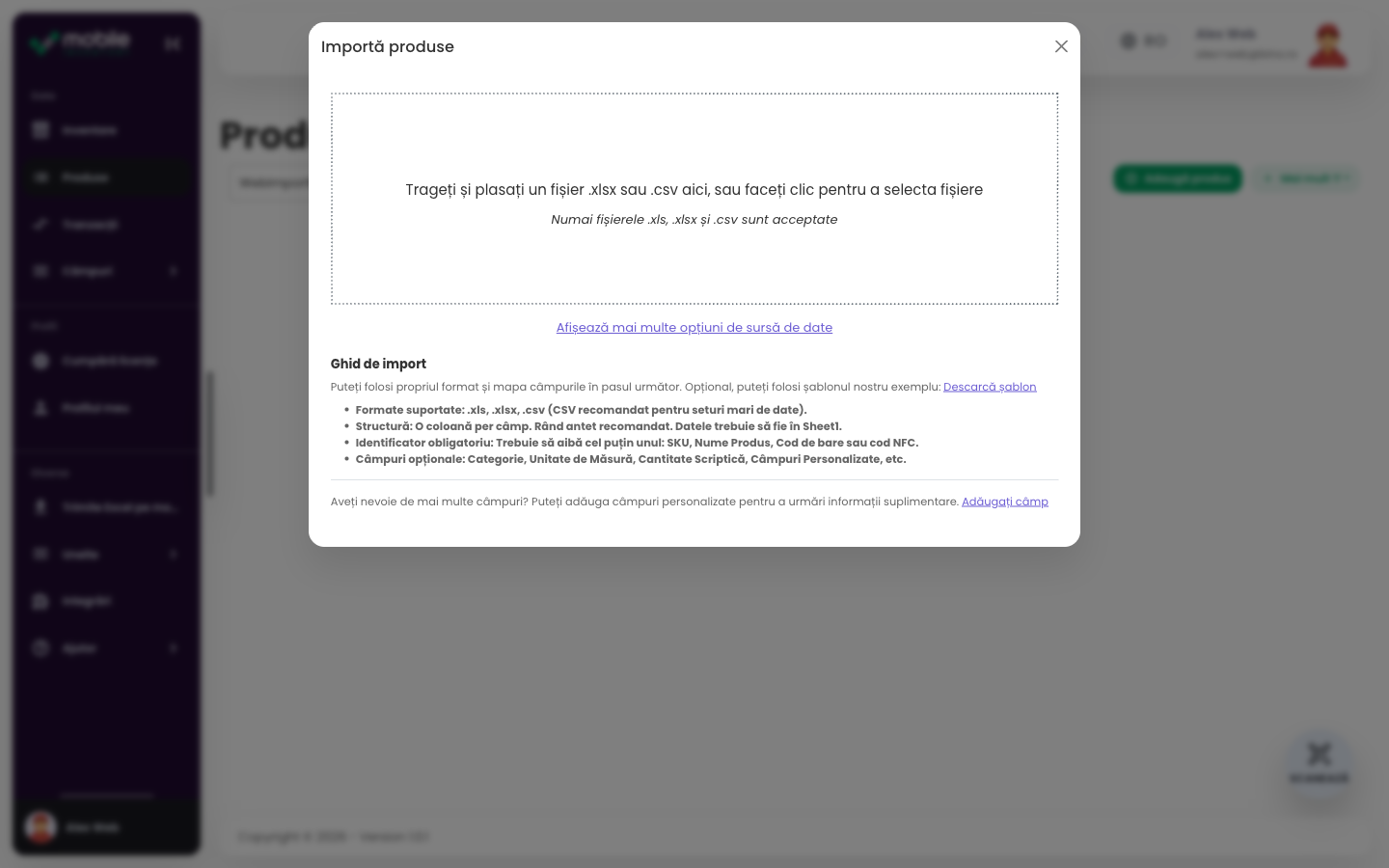 Fereastra Import products din aplicația Web cu zonă de încărcare pentru fișier CSV sau Excel